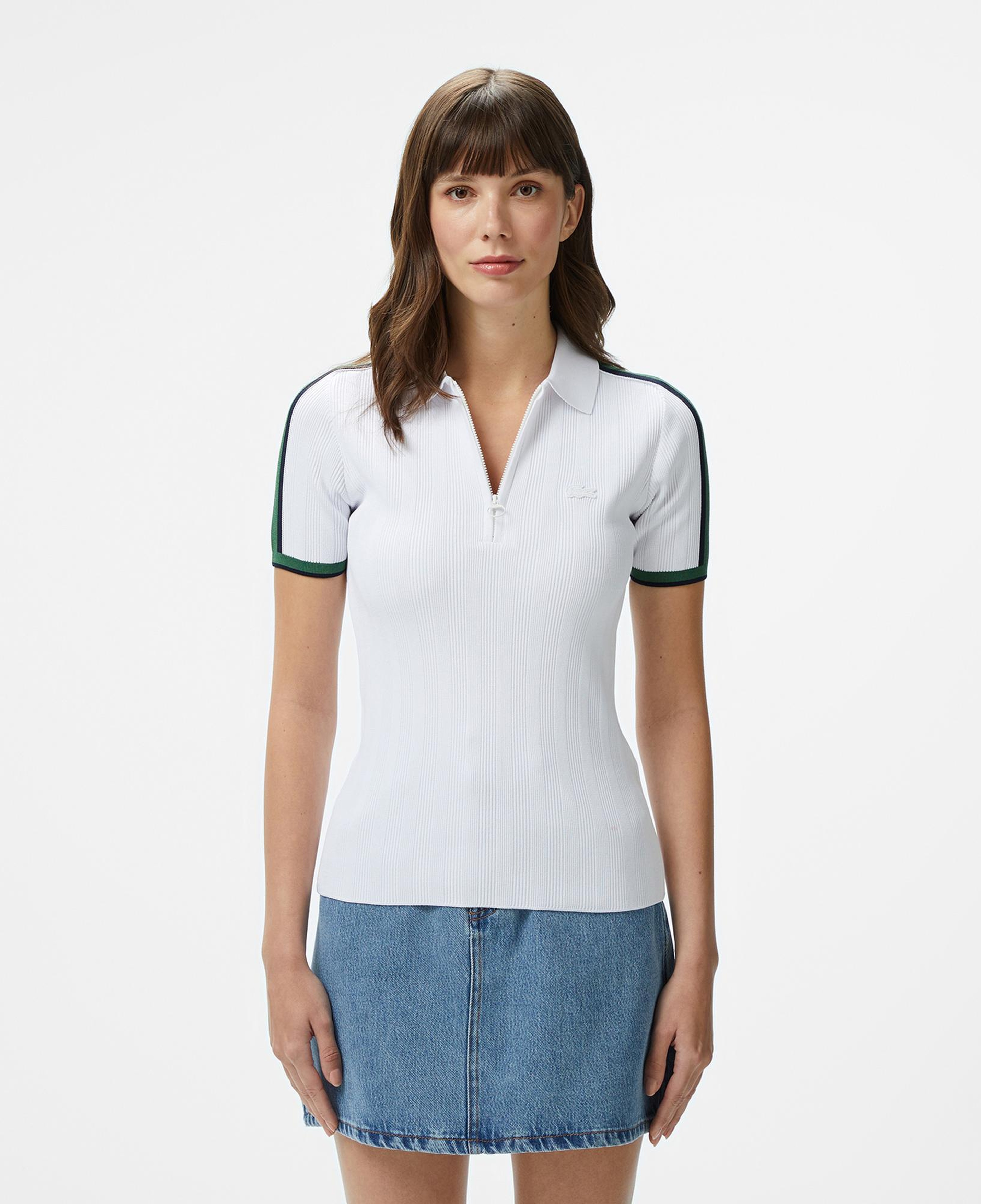 Lacoste Kadın Slim Fit Kısa Kollu Yarım Fermuarlı Beyaz Triko