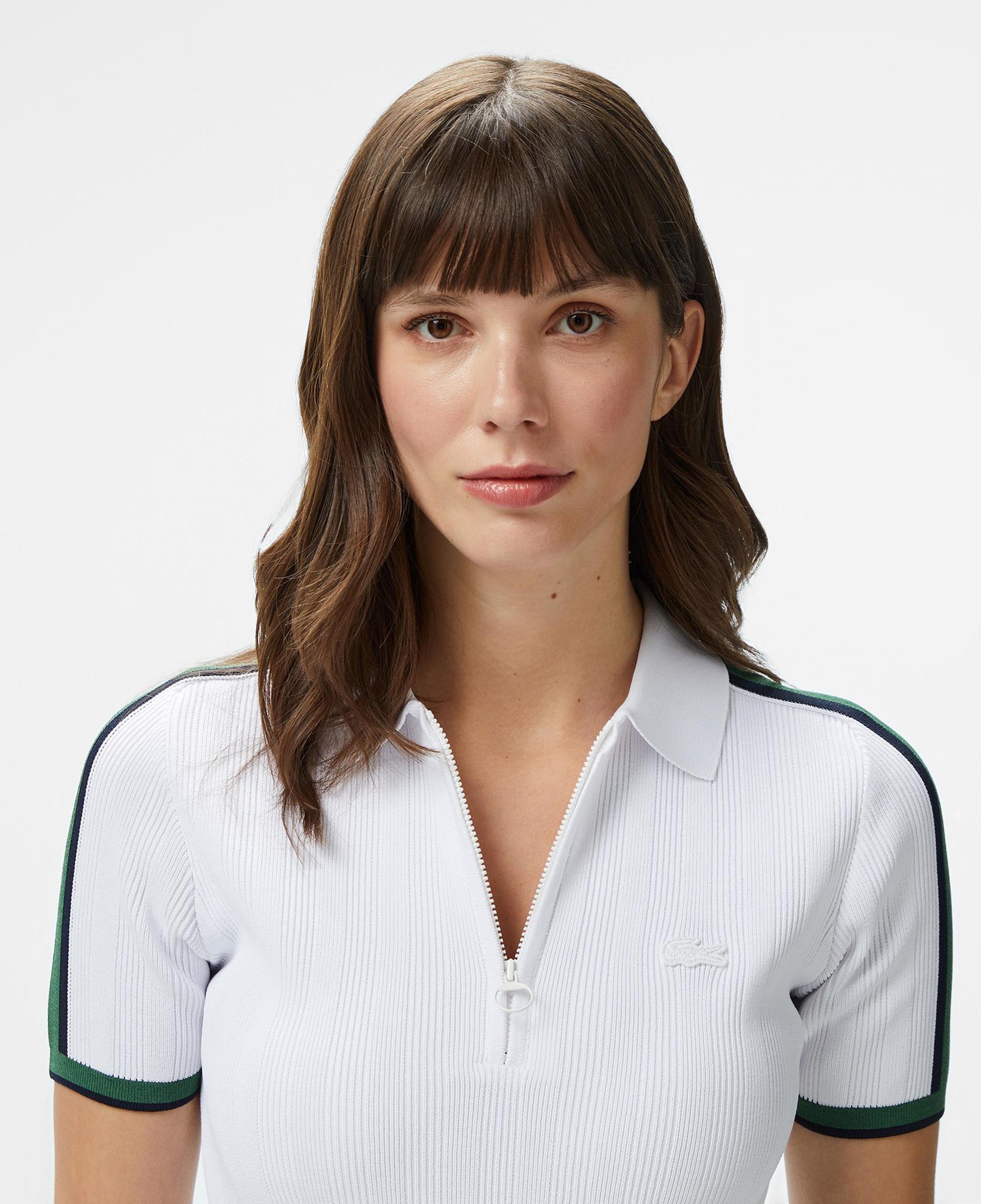 Lacoste Kadın Slim Fit Kısa Kollu Yarım Fermuarlı Beyaz Triko