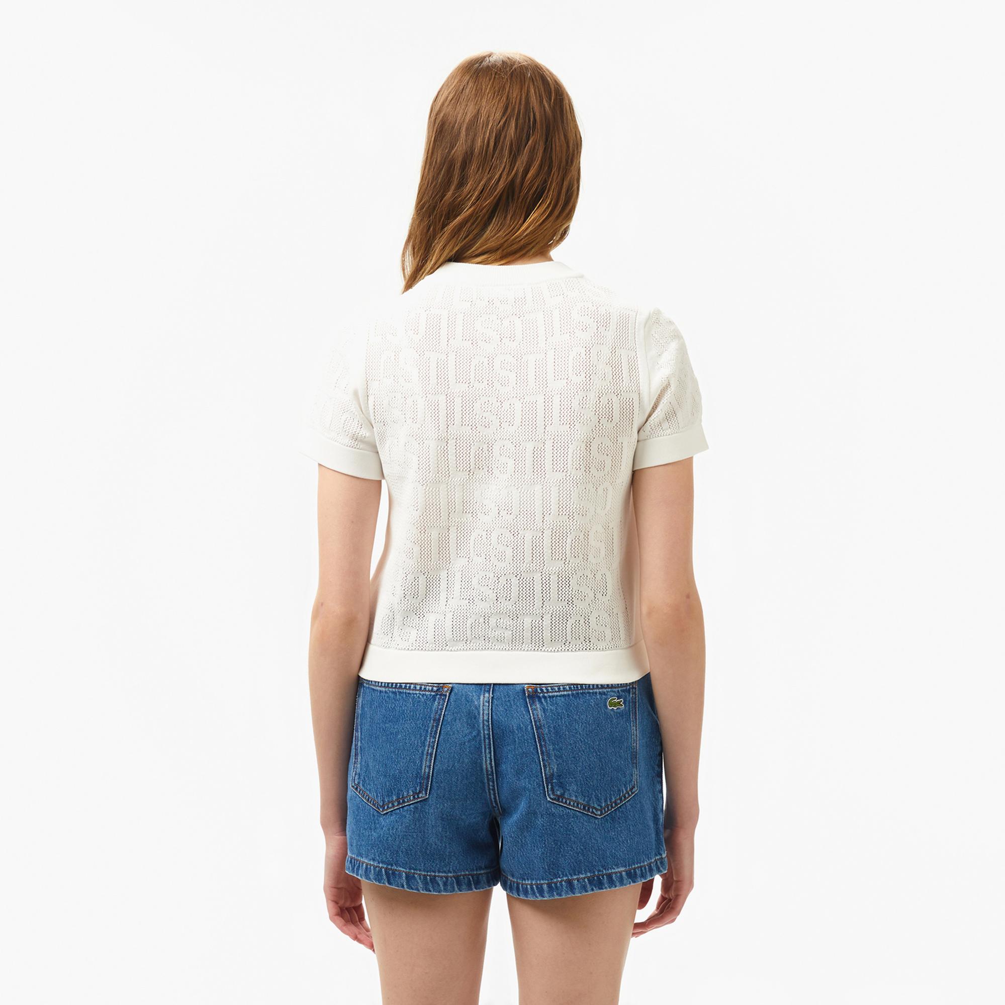 Lacoste Kadın Kısa Kollu Bisiklet Yaka Desenli Beyaz Triko