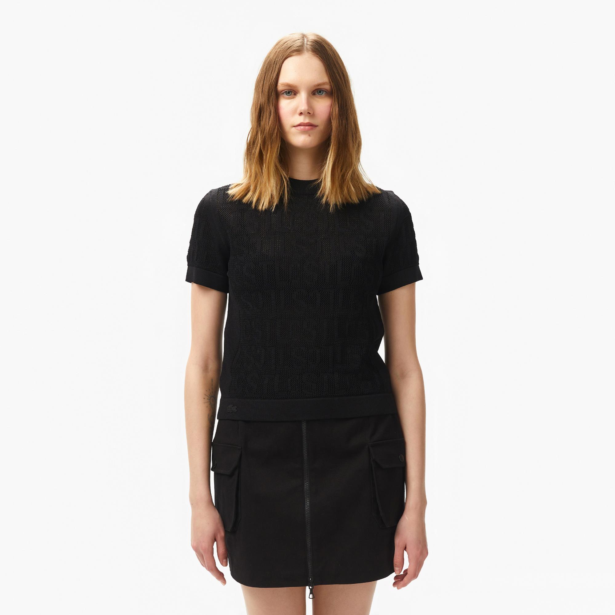 Lacoste Kadın Kısa Kollu Bisiklet Yaka Desenli Siyah Triko