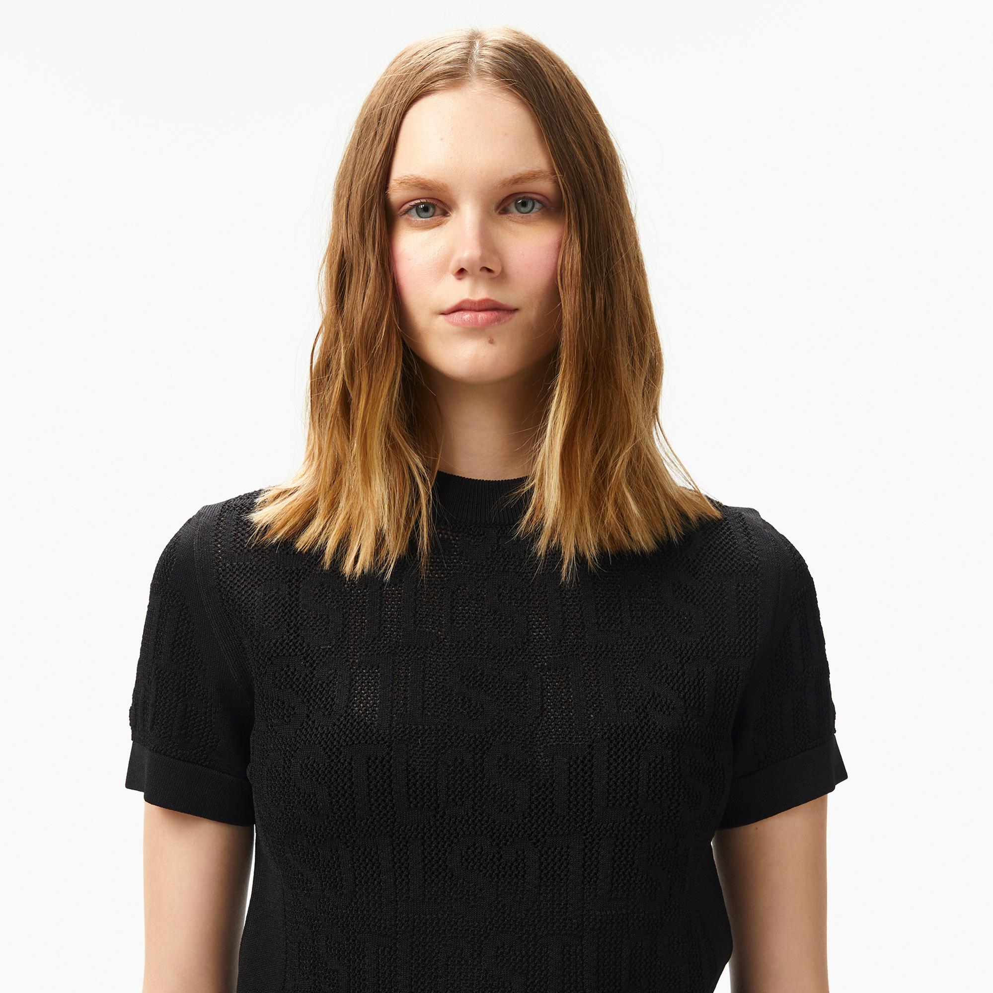 Lacoste Kadın Kısa Kollu Bisiklet Yaka Desenli Siyah Triko