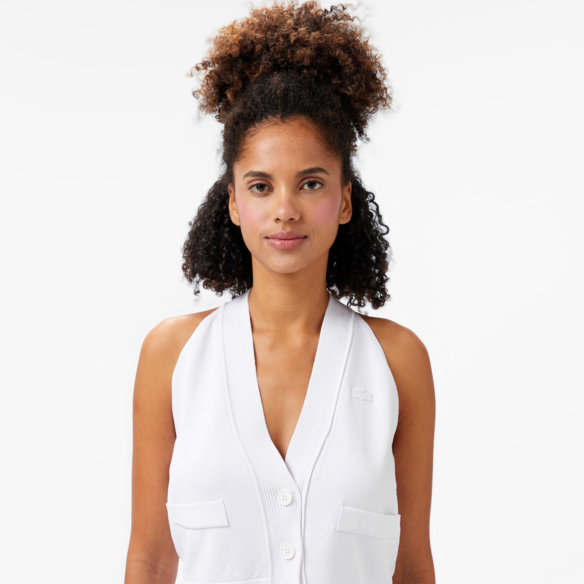 Lacoste Kadın Kolsuz V Yaka Beyaz Triko