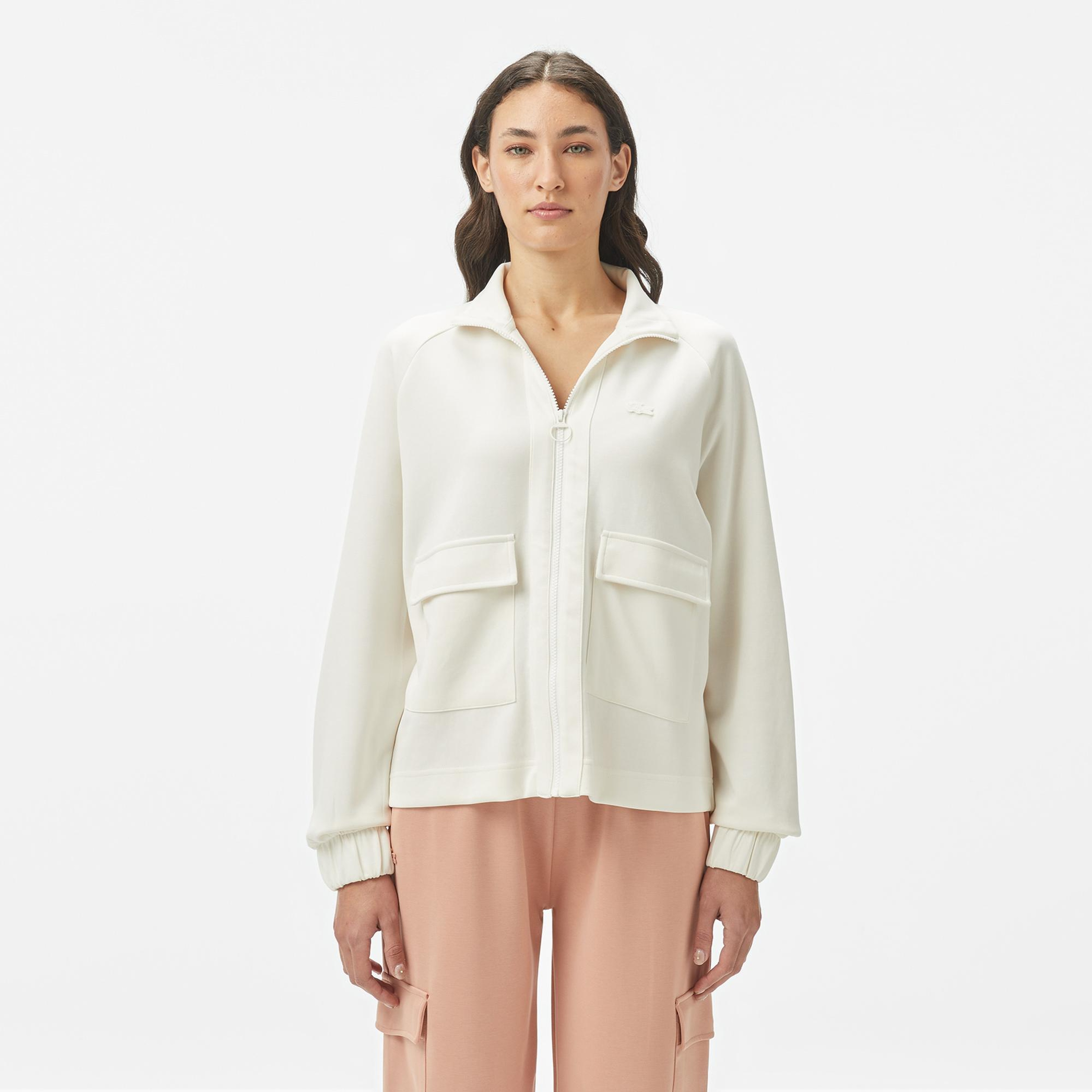 Lacoste Kadın Loose Fit Fermuarlı Beyaz Sweatshirt