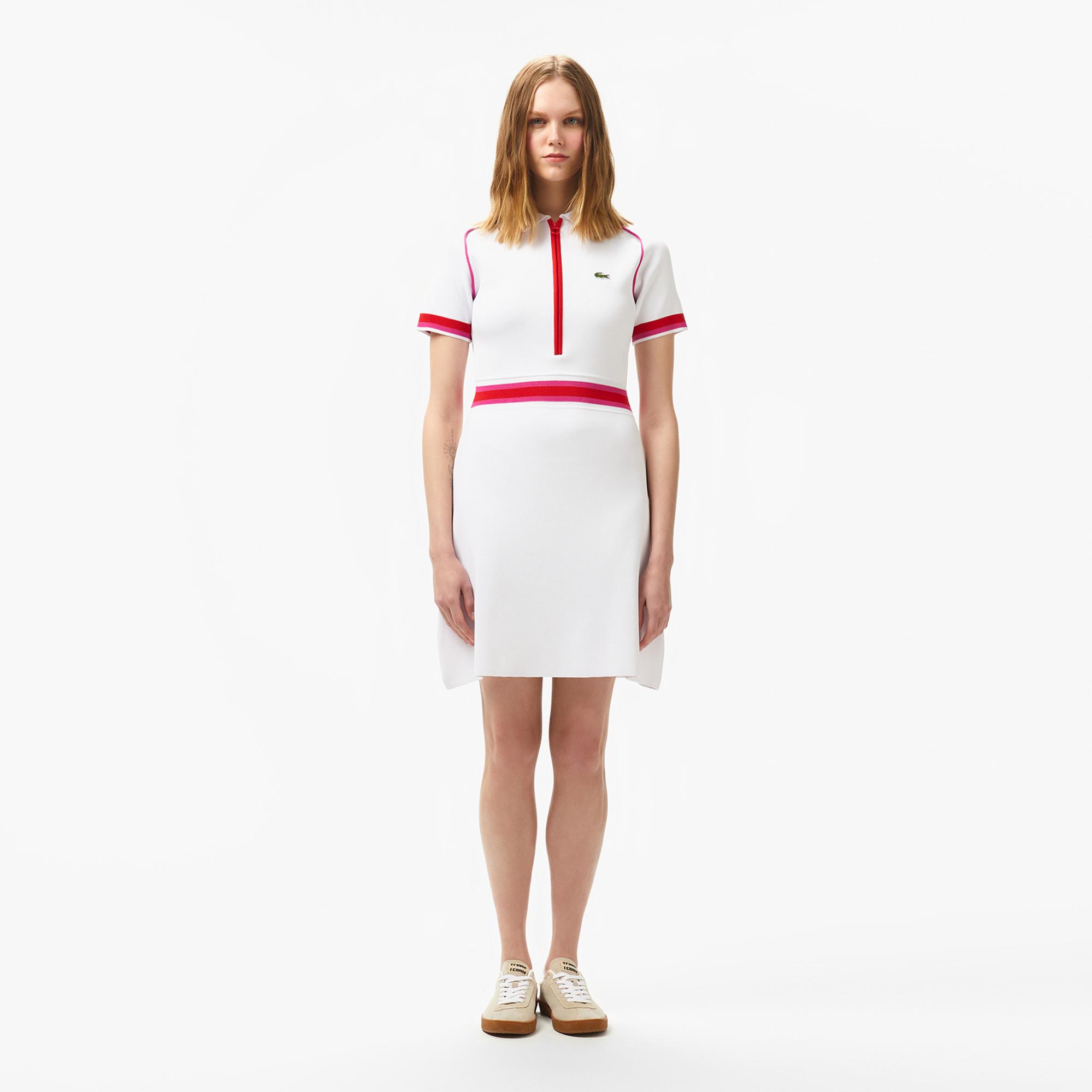 Lacoste Kadın Classic Fit Kısa Kollu Polo Yaka Renk Bloklu Beyaz Elbise