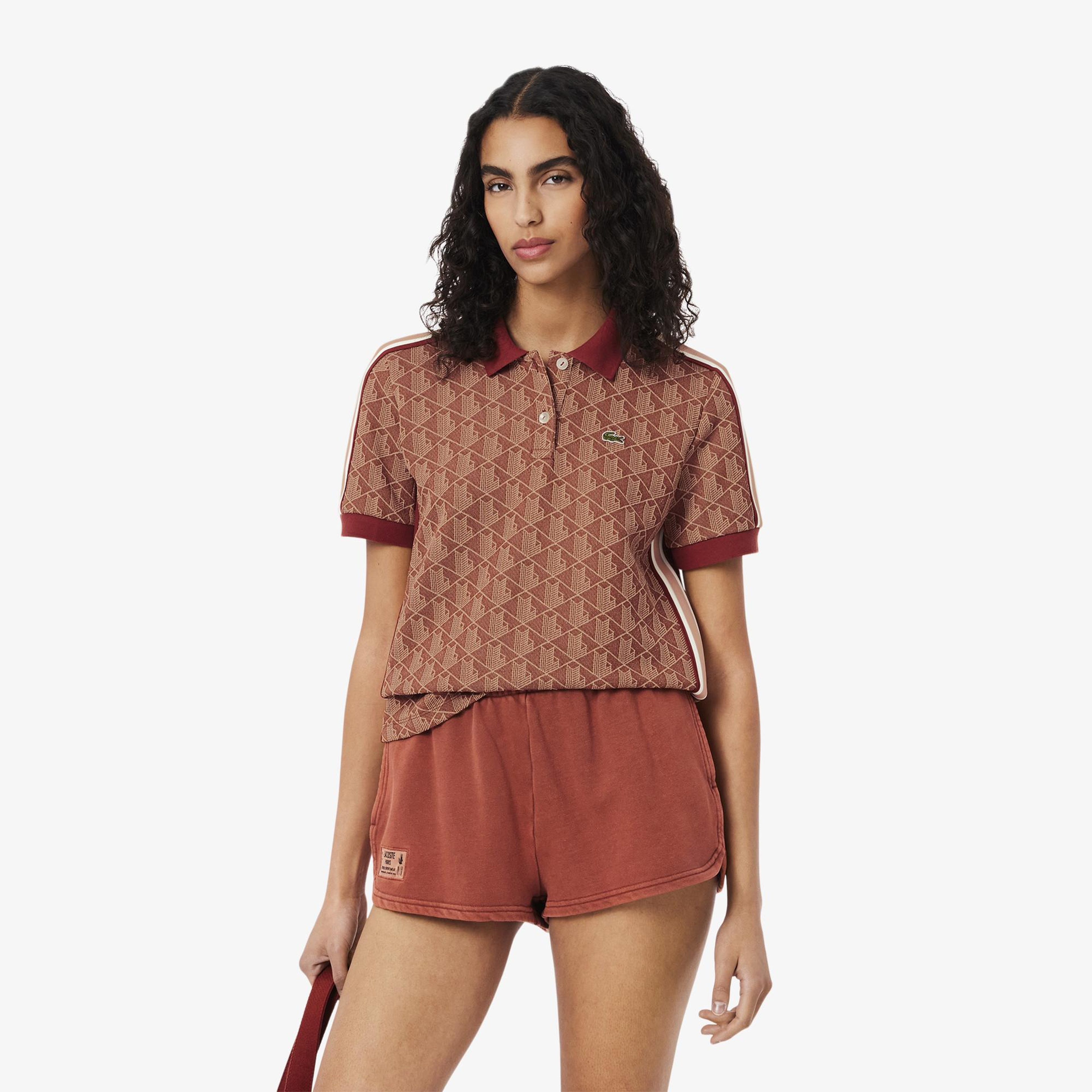 Lacoste Slim Fit Monogram Kadın Kahverengi Polo