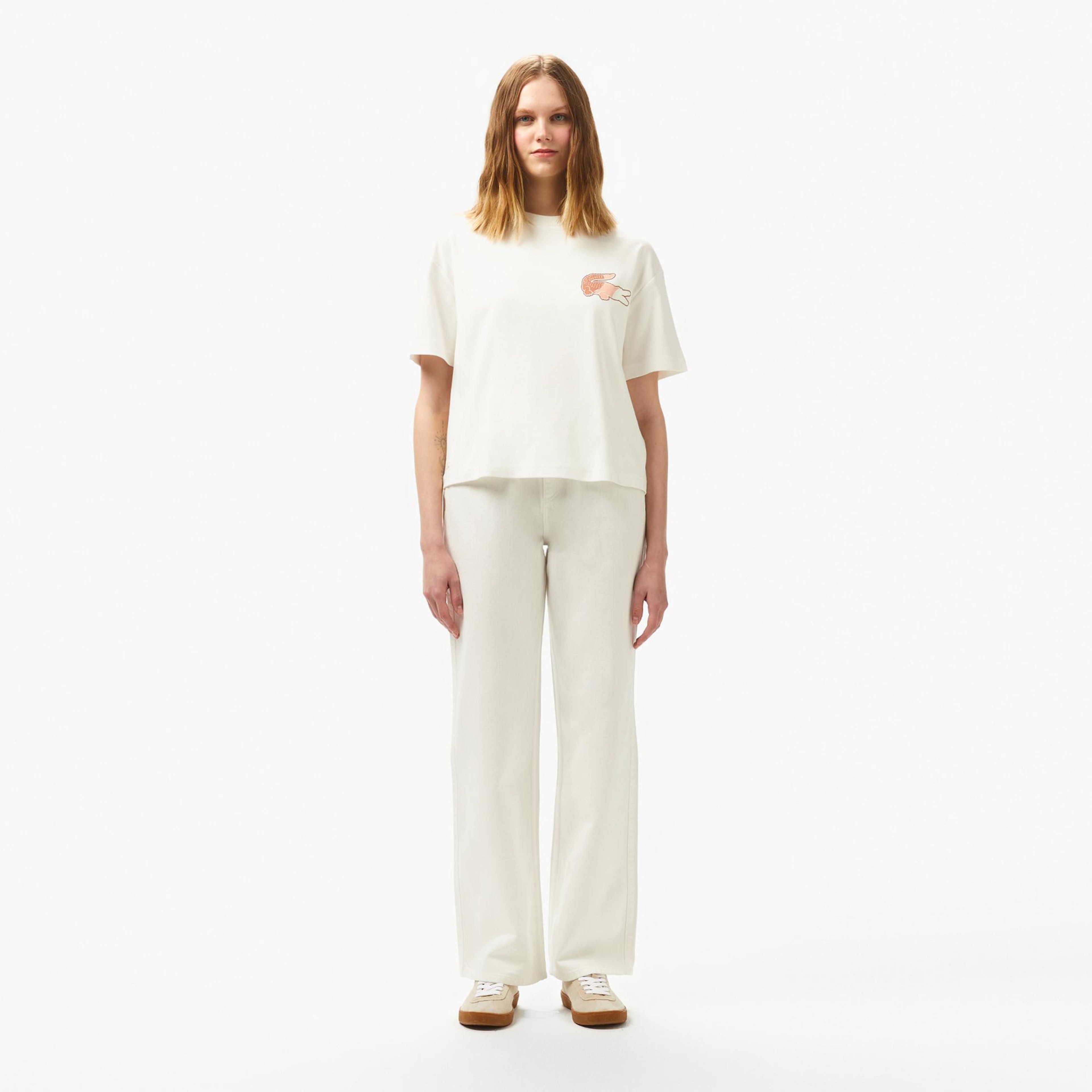 Lacoste Kadın Bisiklet Yaka Baskılı Beyaz T-Shirt