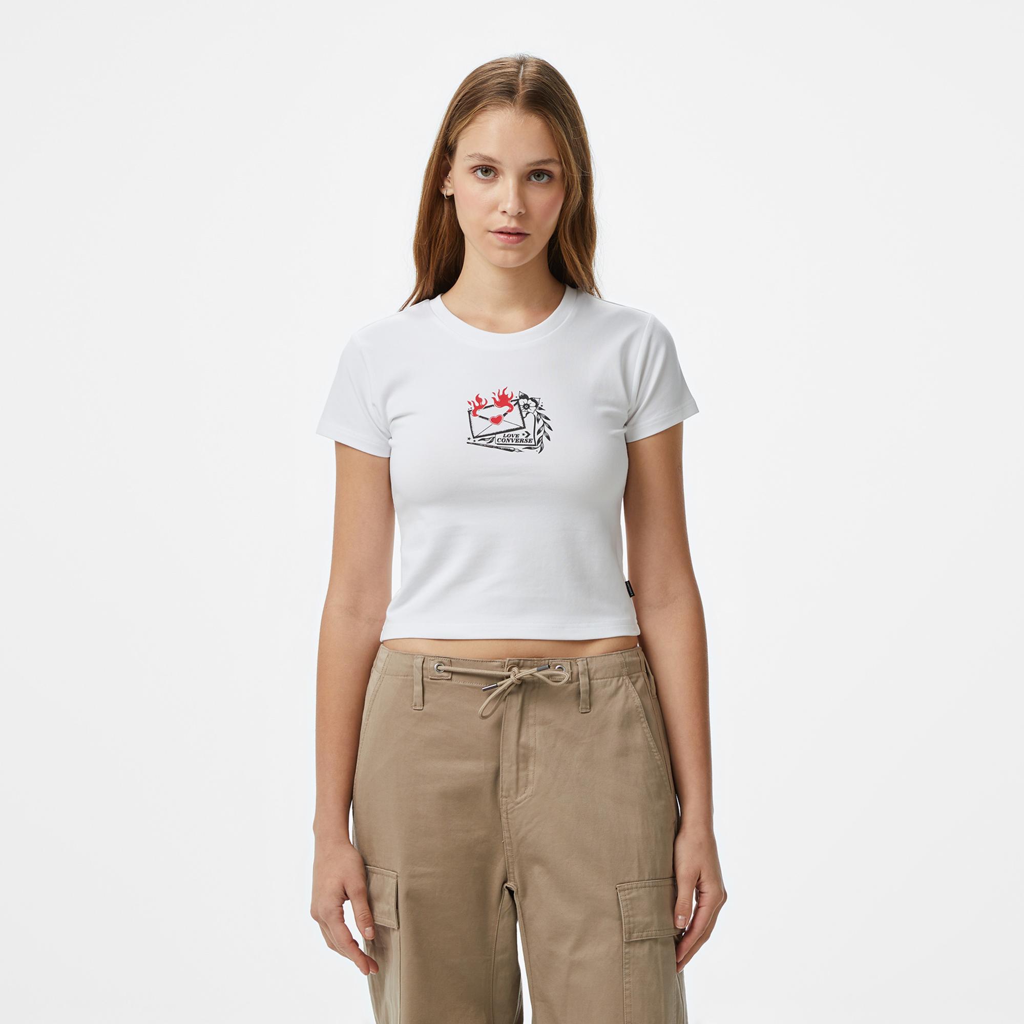 Converse Kadın Slim Fit Baskılı Beyaz T-Shirt