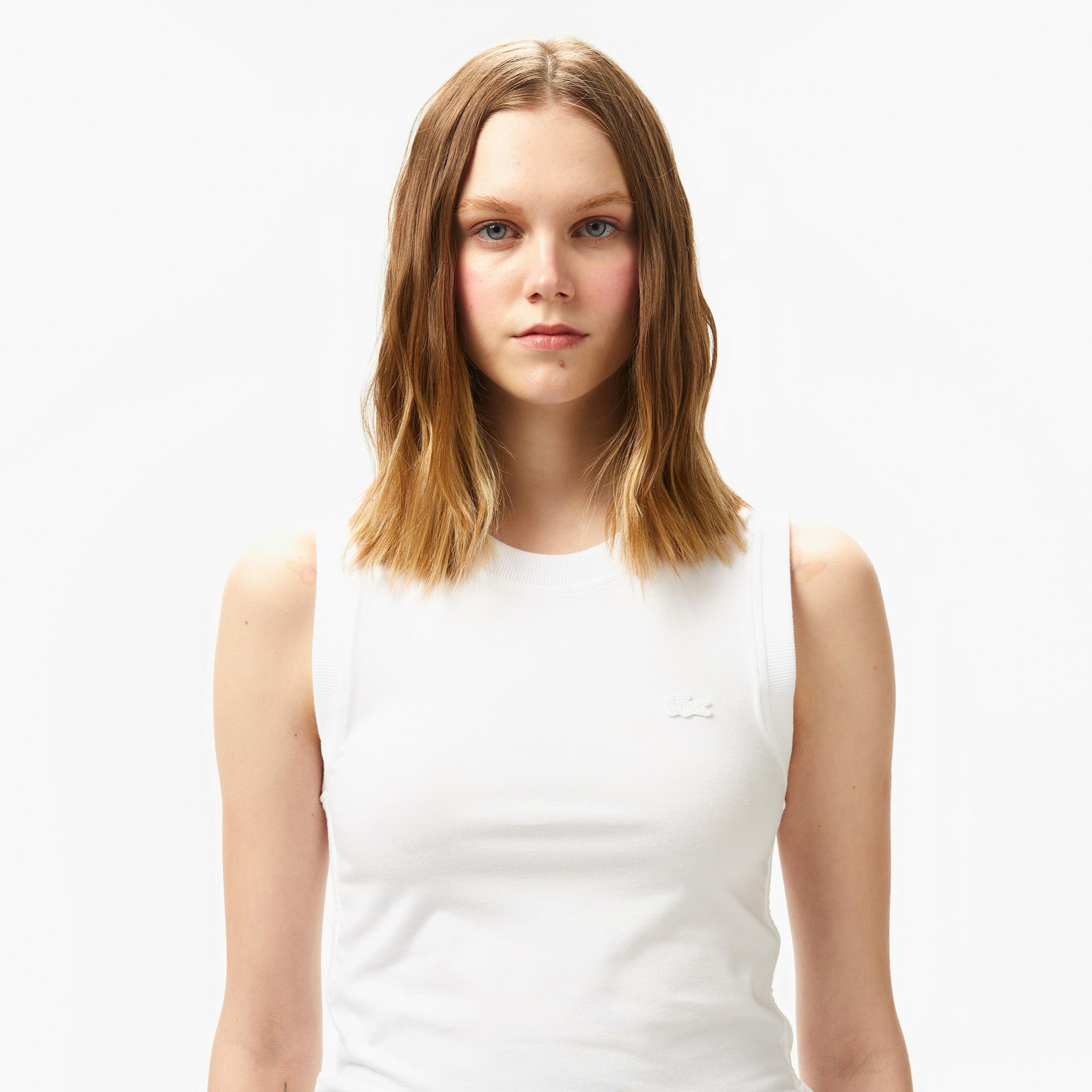 Lacoste Kadın Slim Fit Kolsuz Bisiklet Yaka Beyaz T-Shirt