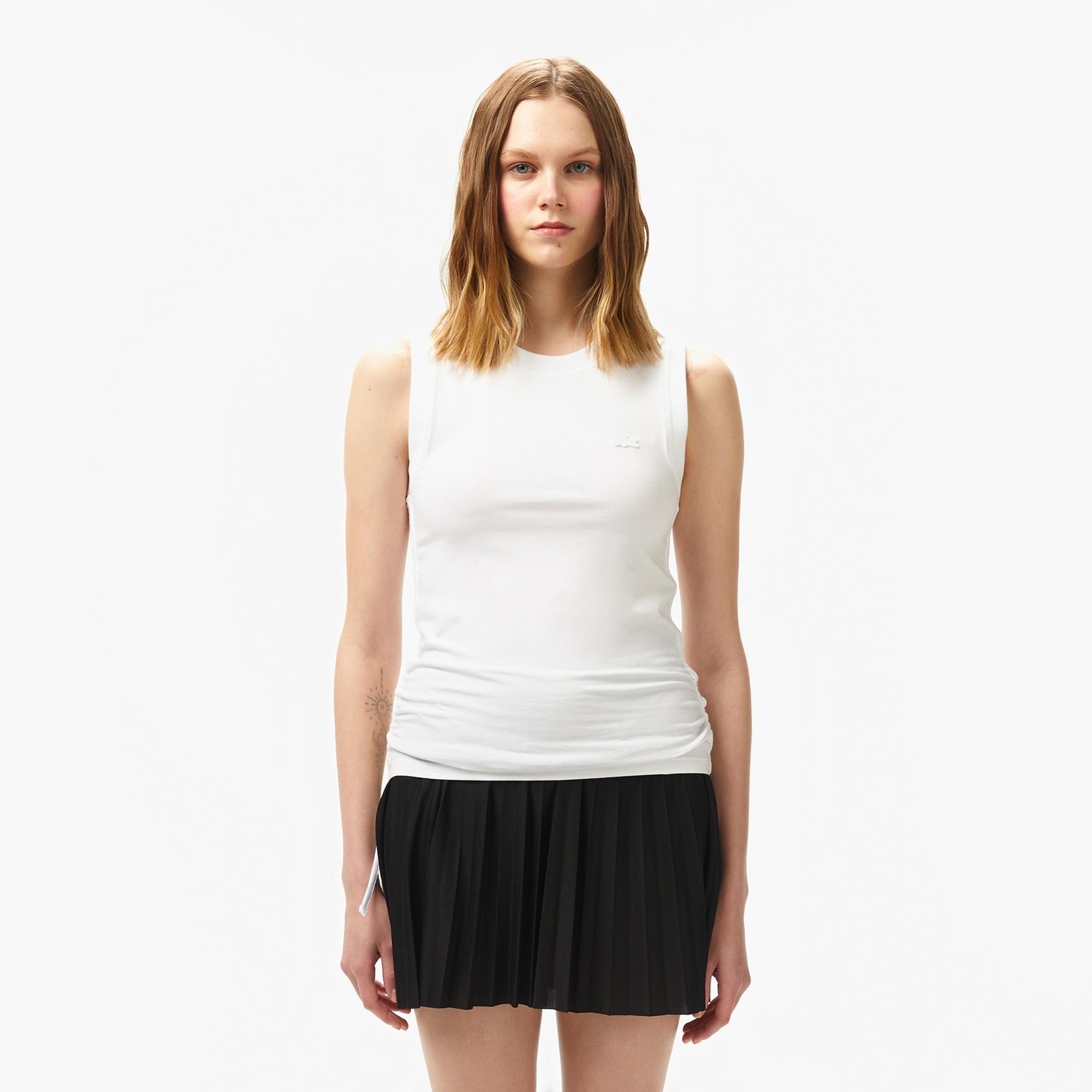 Lacoste Kadın Slim Fit Kolsuz Bisiklet Yaka Beyaz T-Shirt