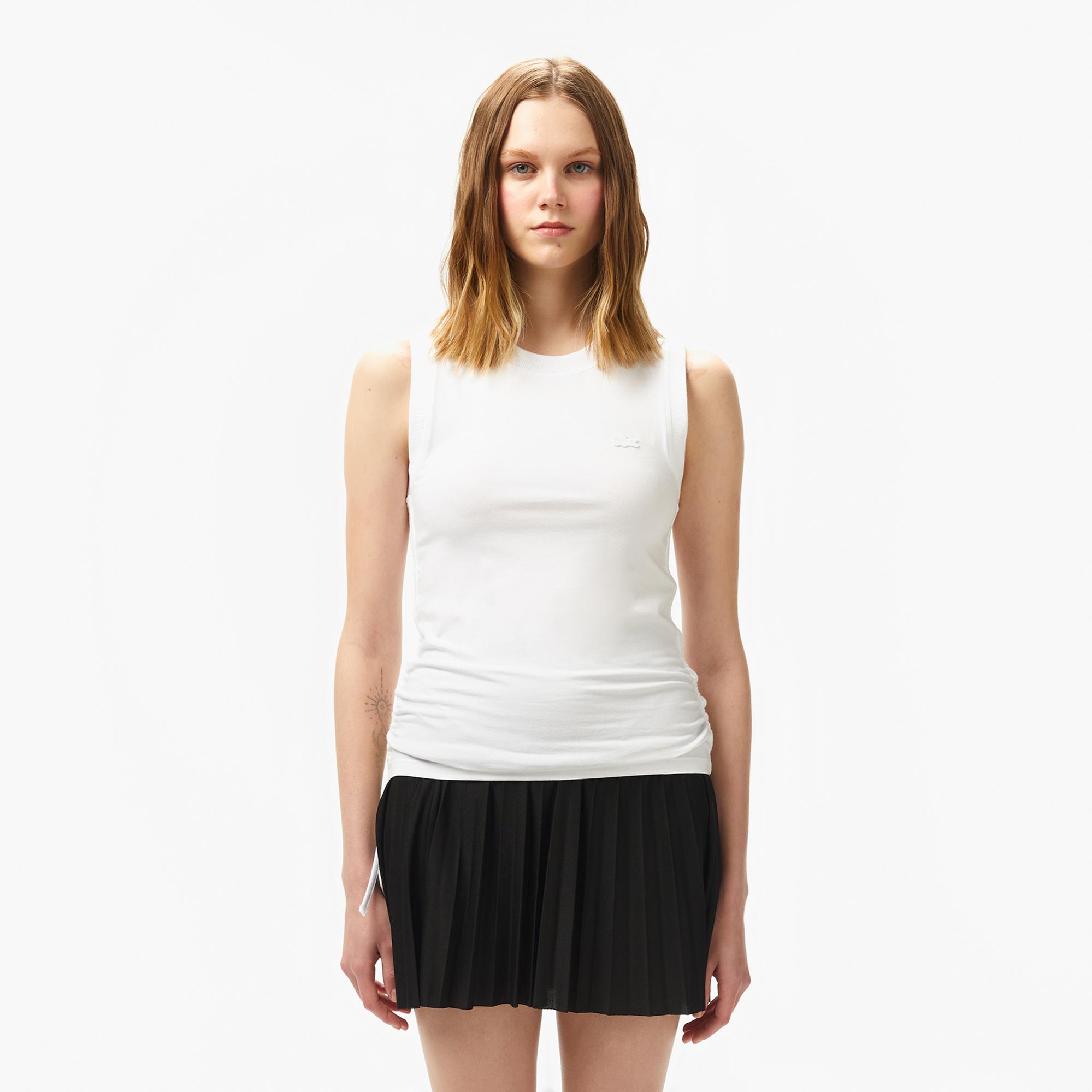 Lacoste Kadın Slim Fit Kolsuz Bisiklet Yaka Beyaz T-Shirt