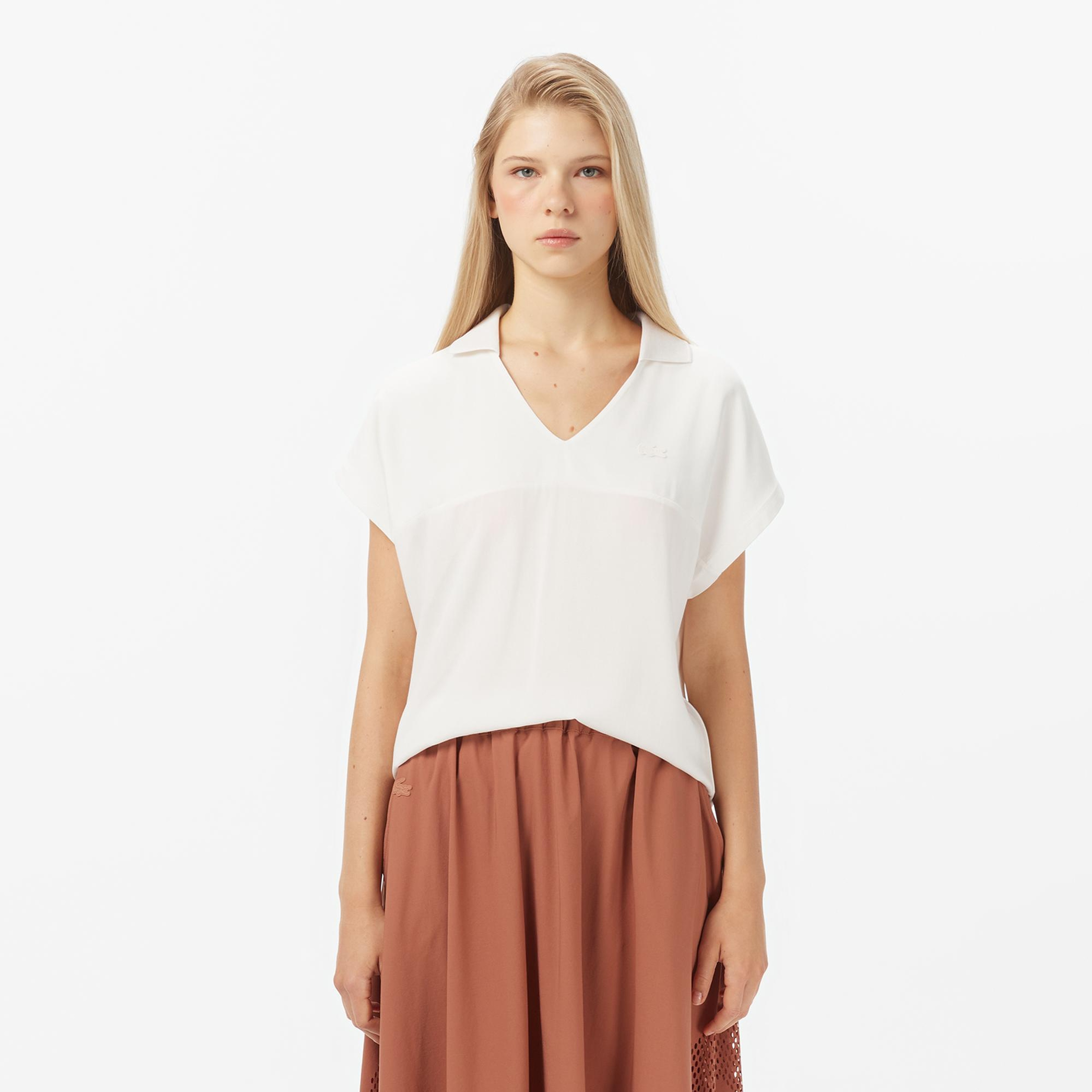 Lacoste Kadın V Yaka Beyaz T-Shirt