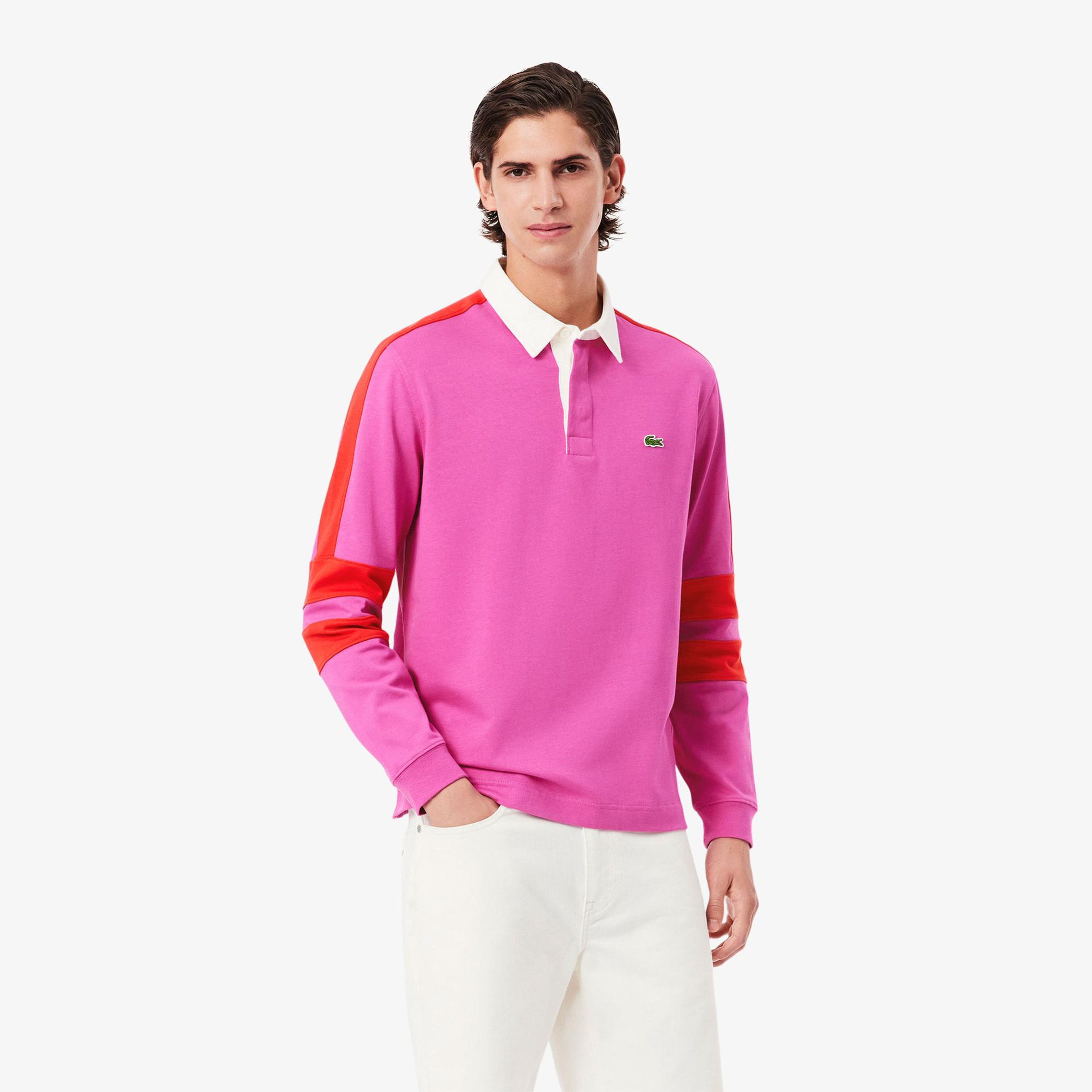 Lacoste Erkek Classic Fit Uzun Kollu Polo Yaka Renk Bloklu Pembe Rugby Polo