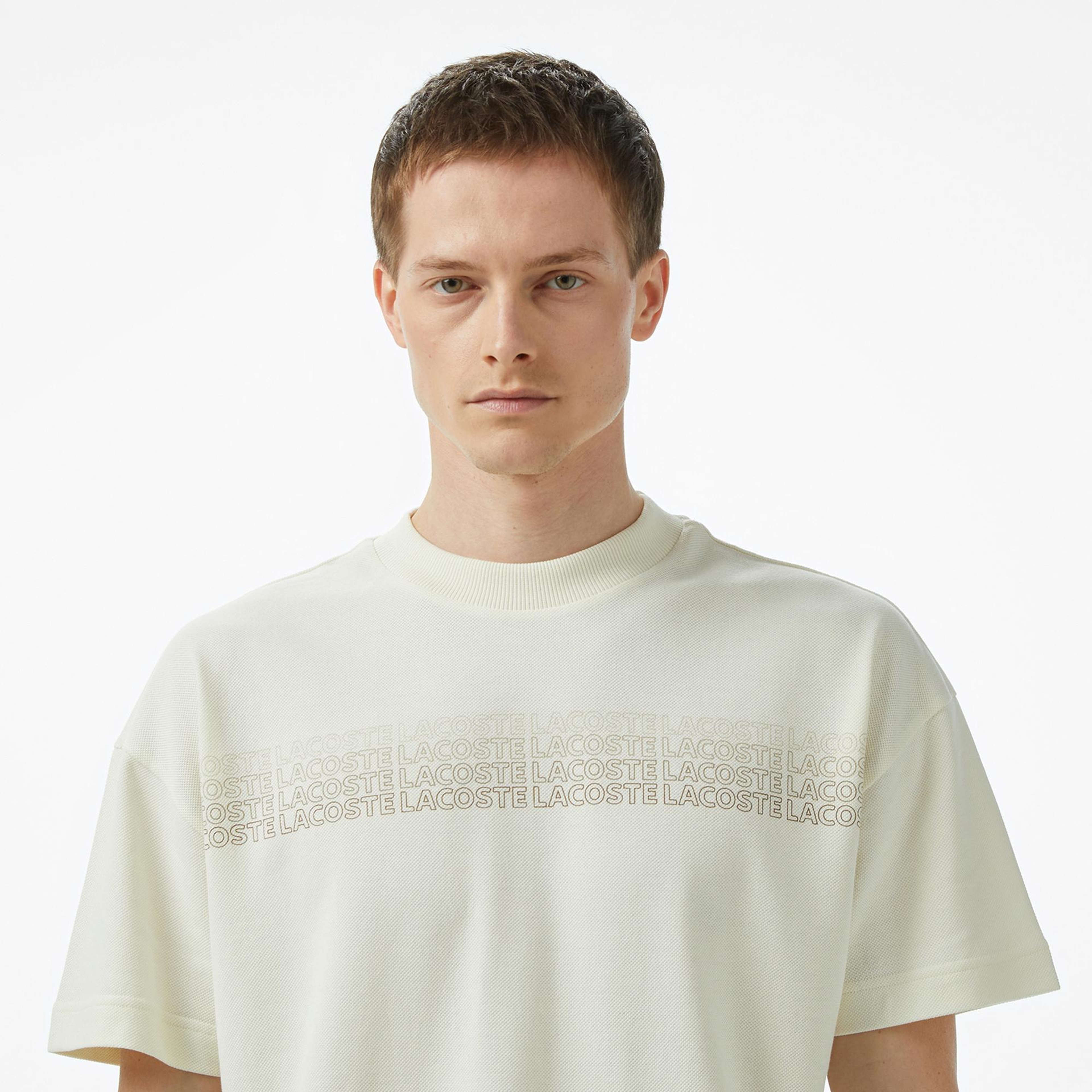 Lacoste Erkek Oversize Fit Bisiklet Yaka Baskılı Beyaz T-Shirt
