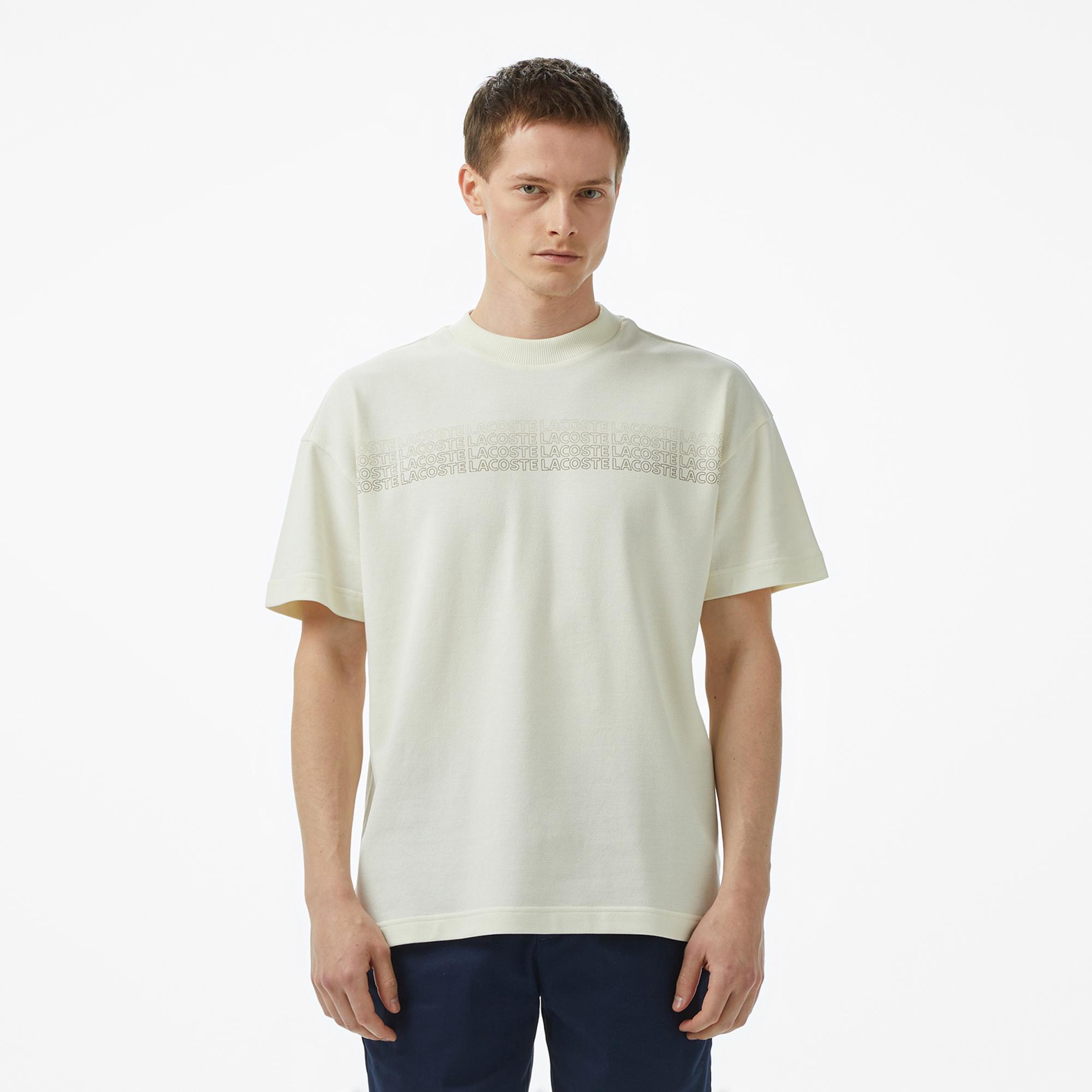 Lacoste Erkek Oversize Fit Bisiklet Yaka Baskılı Beyaz T-Shirt