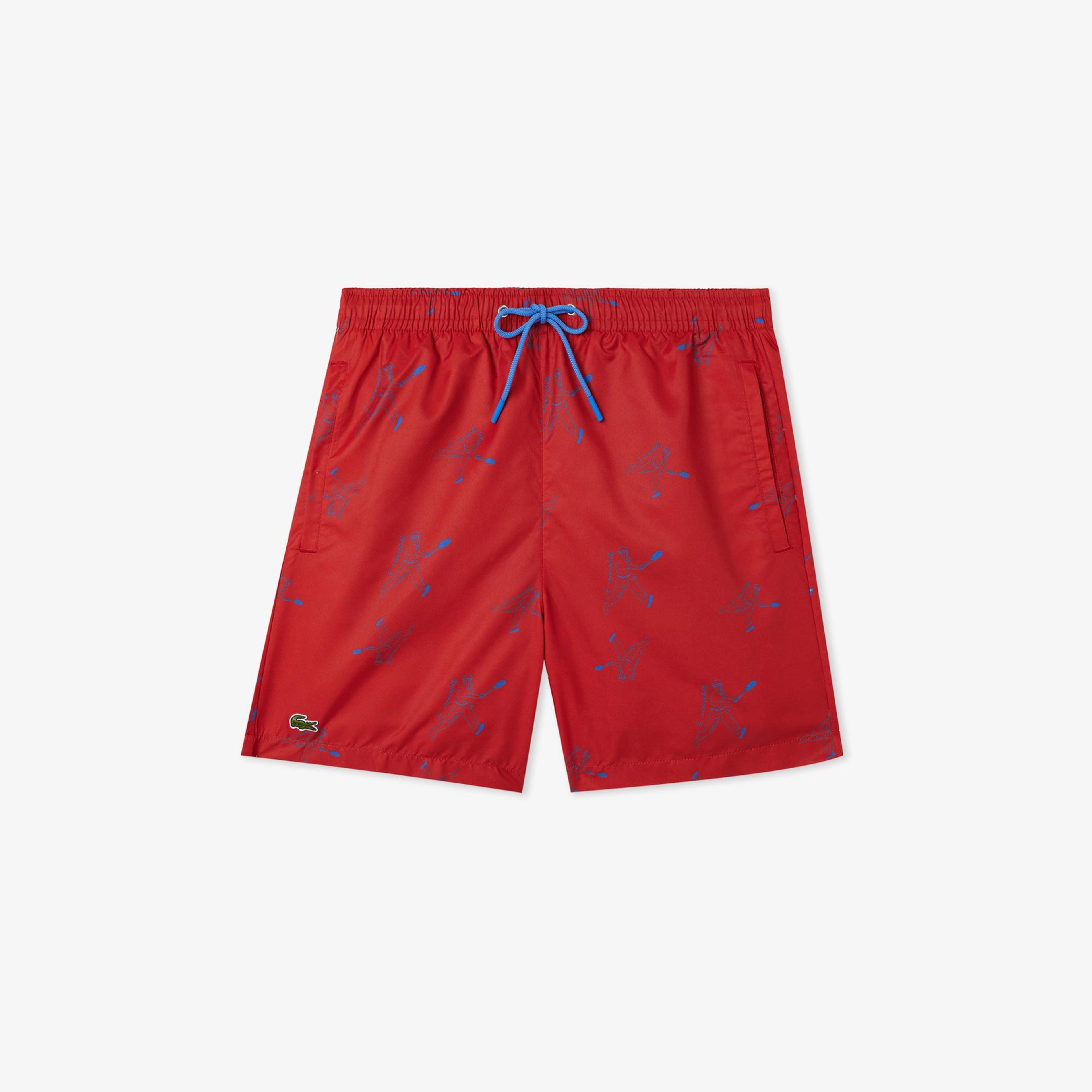 Lacoste Erkek Regular Fit Desenli Kırmızı Deniz Şortu