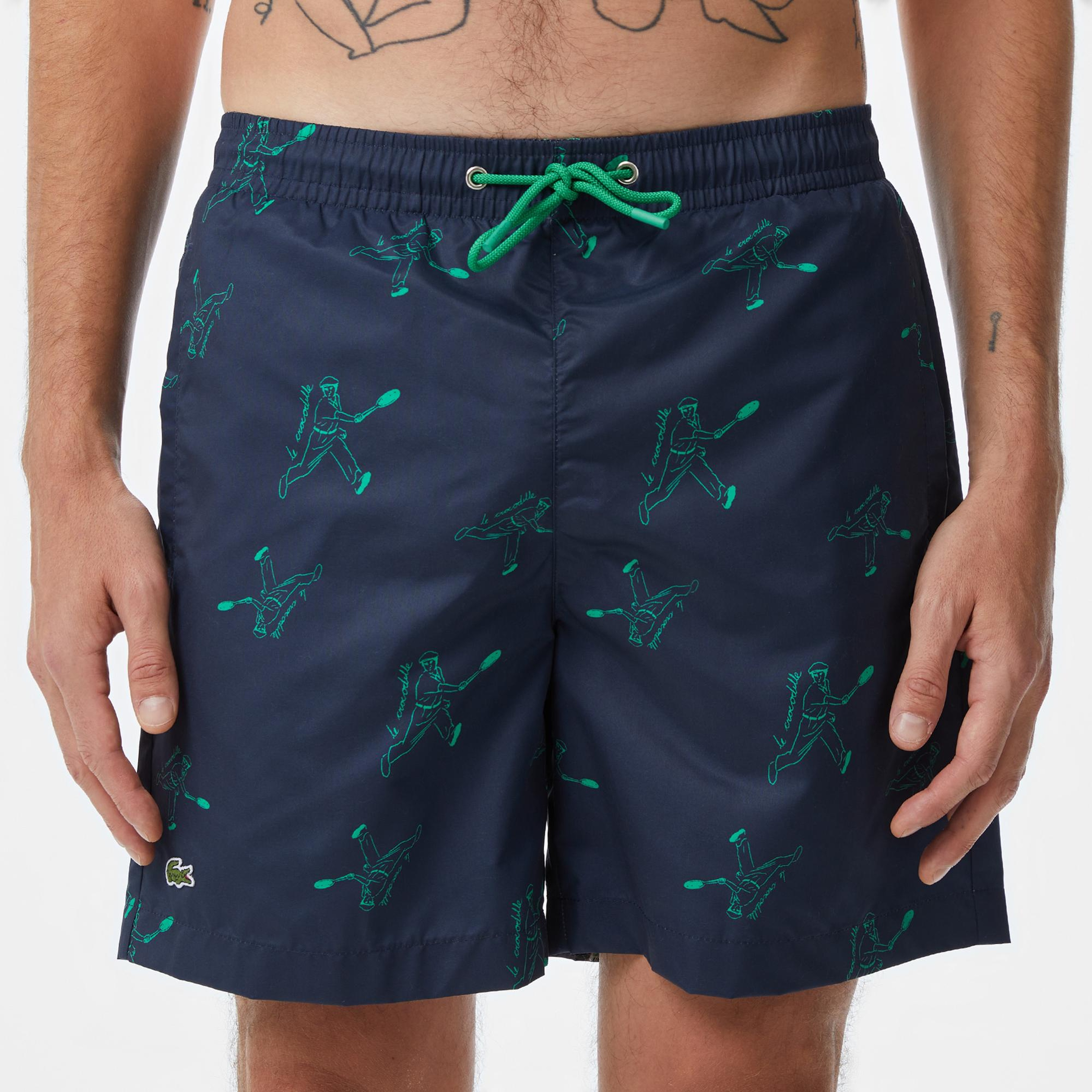 Lacoste Erkek Regular Fit Desenli Lacivert Deniz Şortu