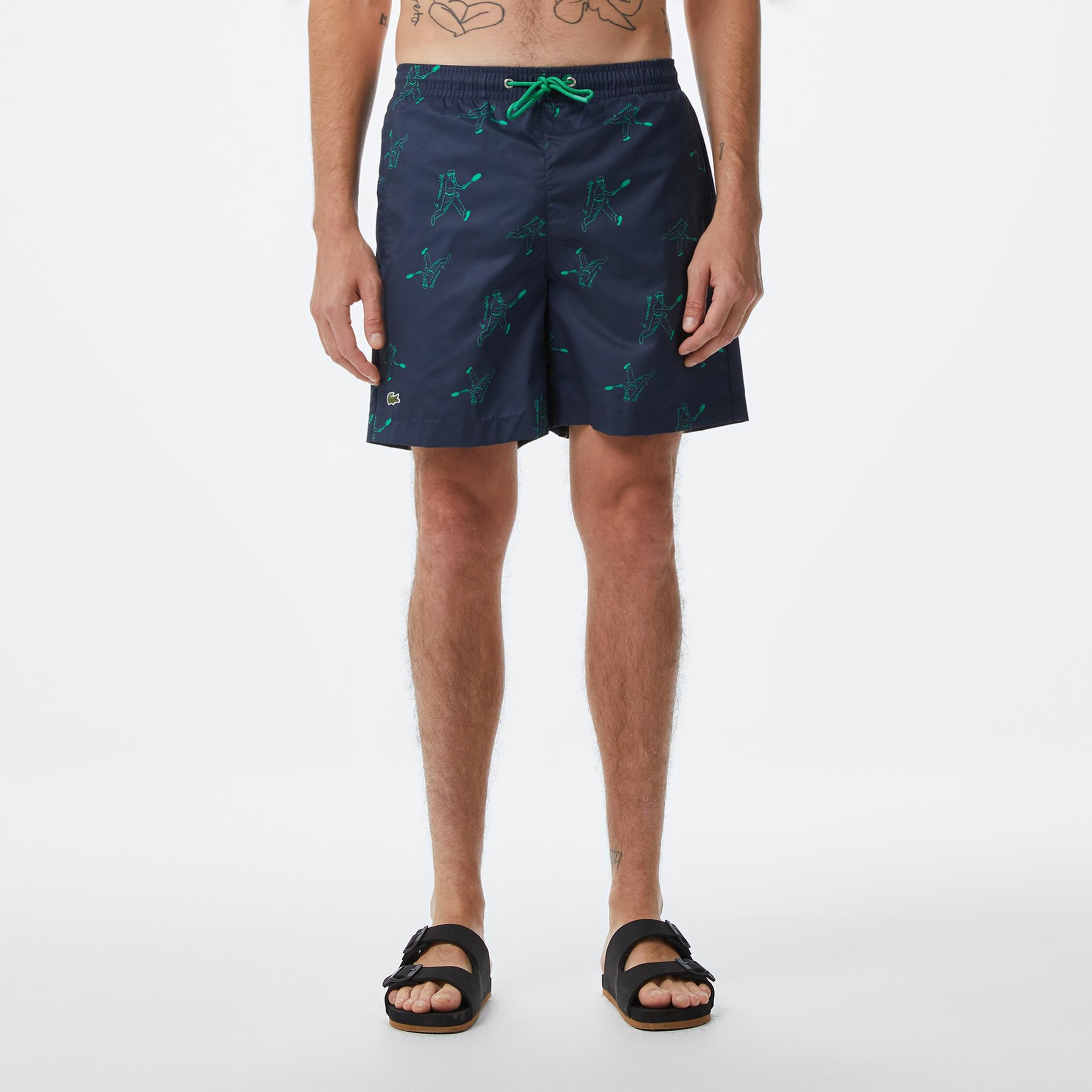 Lacoste Erkek Regular Fit Desenli Lacivert Deniz Şortu