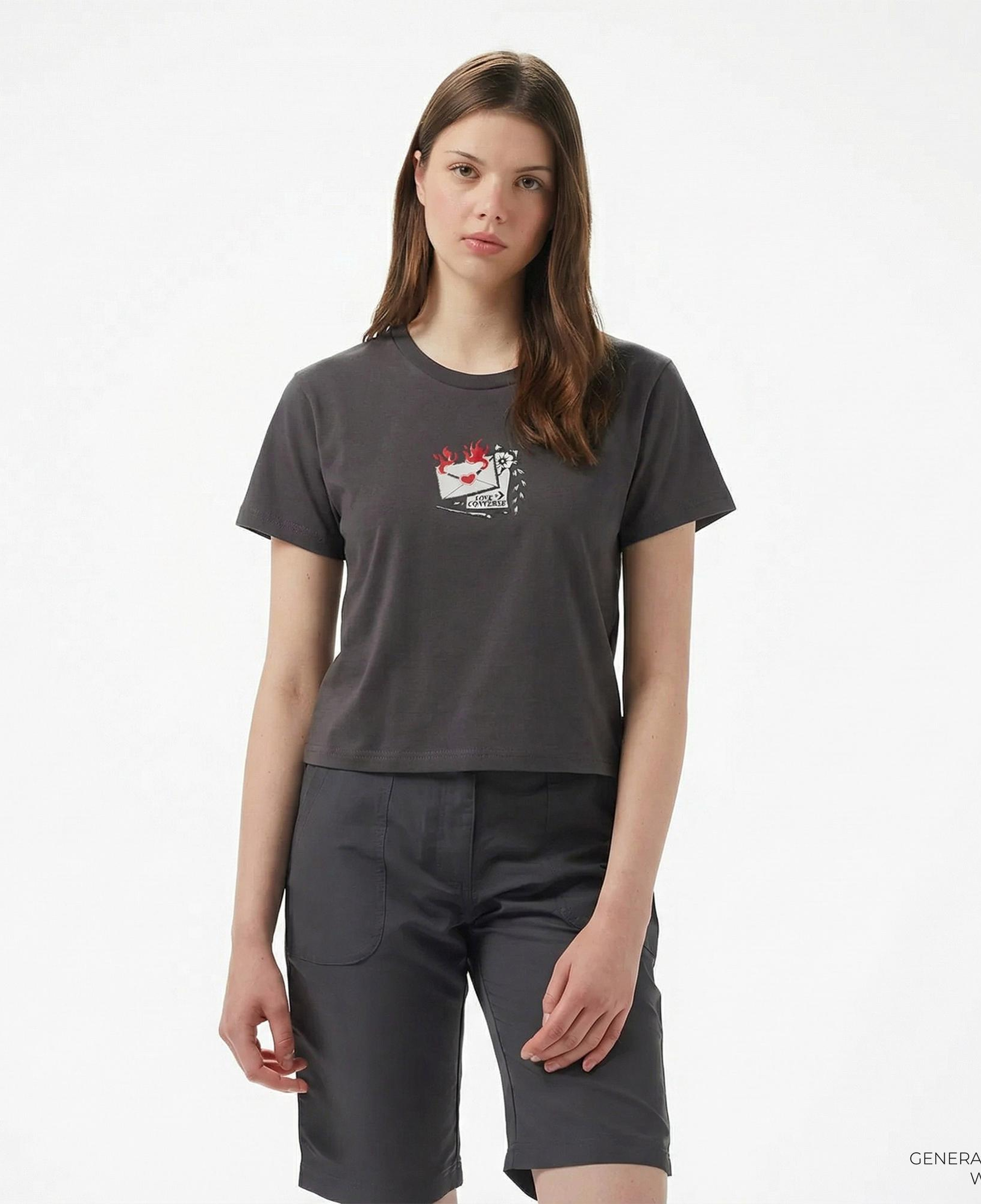 Converse Kadın Slim Fit Baskılı Gri T-Shirt