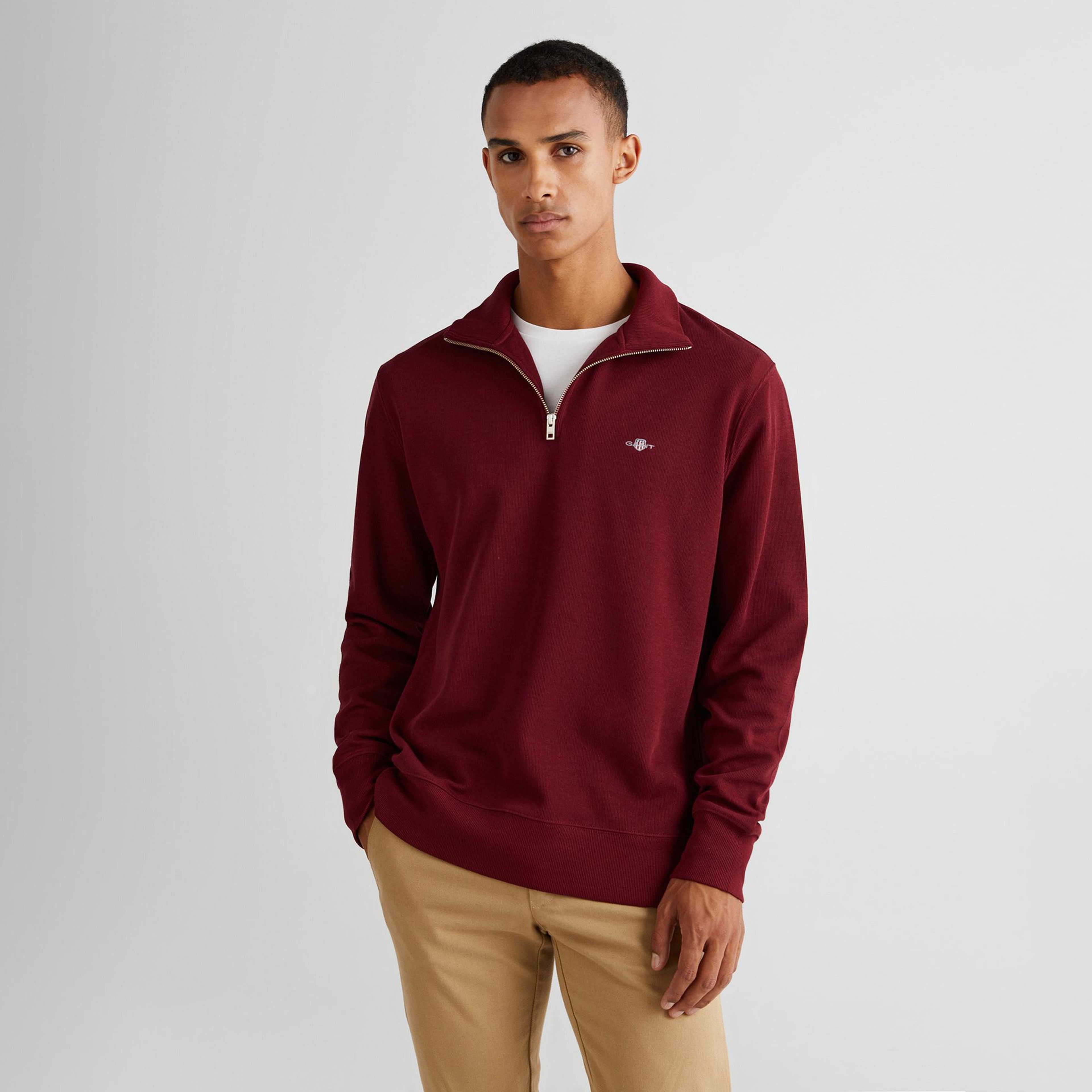 Gant Erkek Bordo Regular Fit Yarım Fermuarlı Sweatshirt
