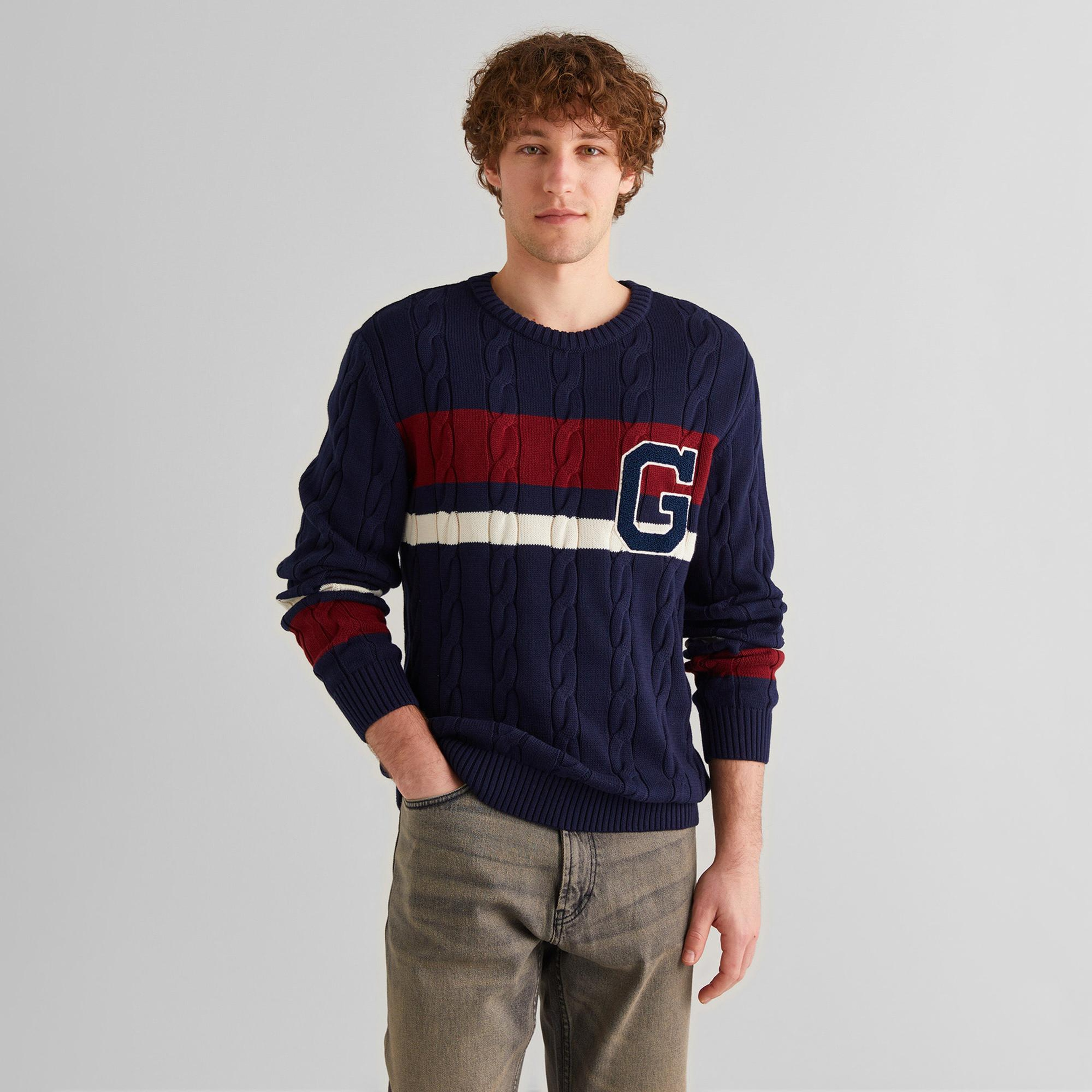 GANT Erkek Lacivert Relaxed Fit Bisiklet Yaka Renk Bloklu Örgü Kazak