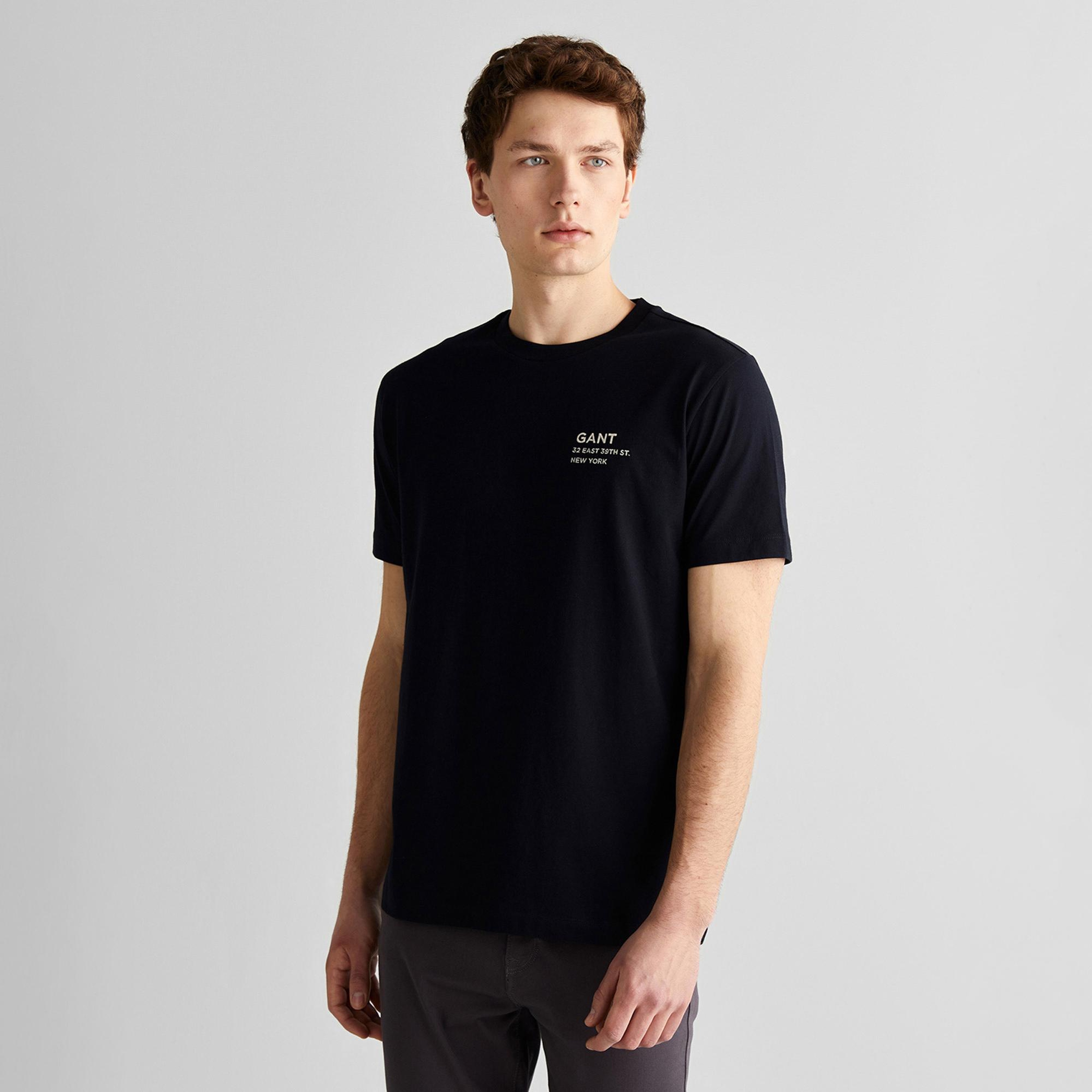 GANT Erkek Siyah Regular Fit Bisiklet Yaka Logolu T-Shirt
