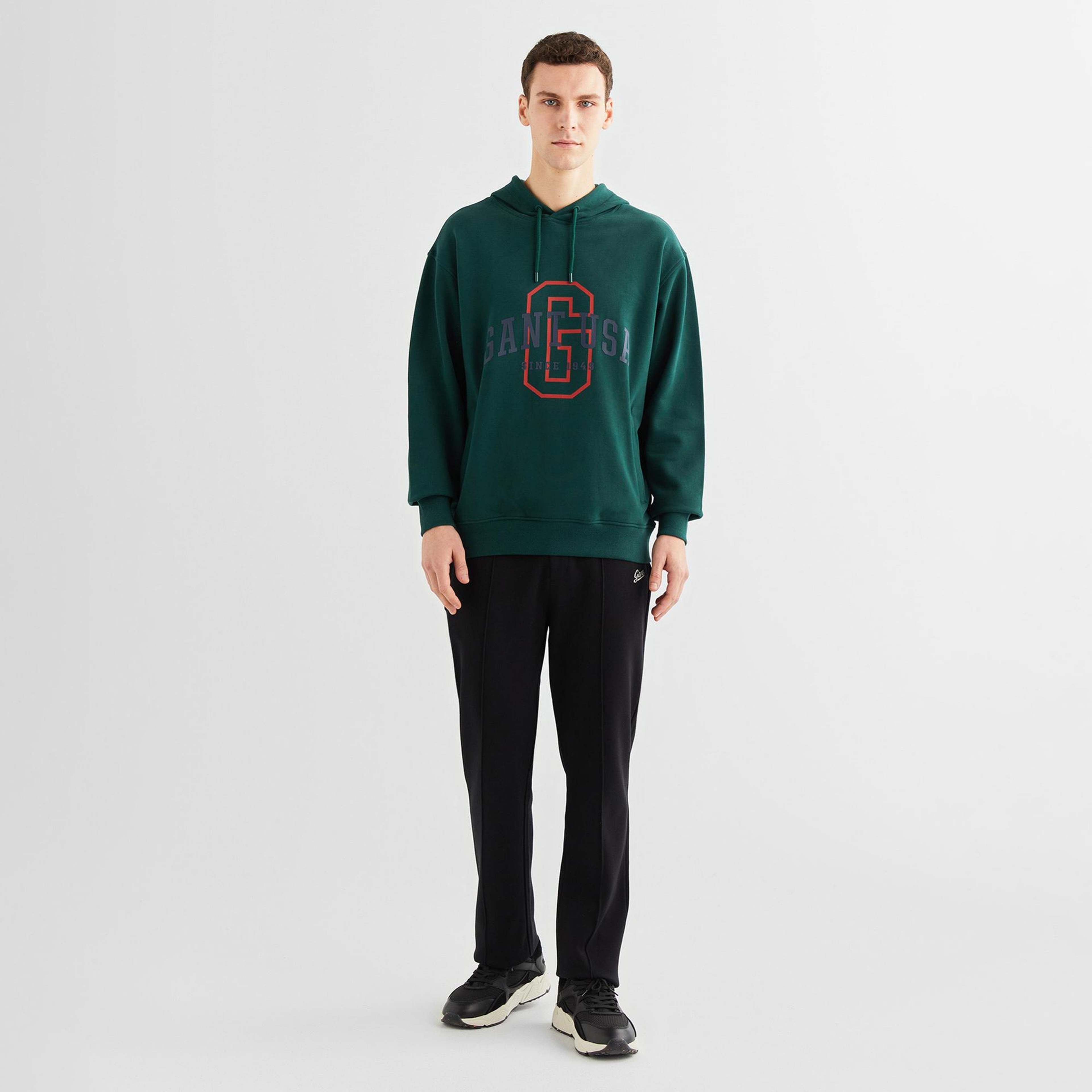 GANT Erkek Yeşil Relaxed Fit Kapüşonlu Logolu Sweatshirt