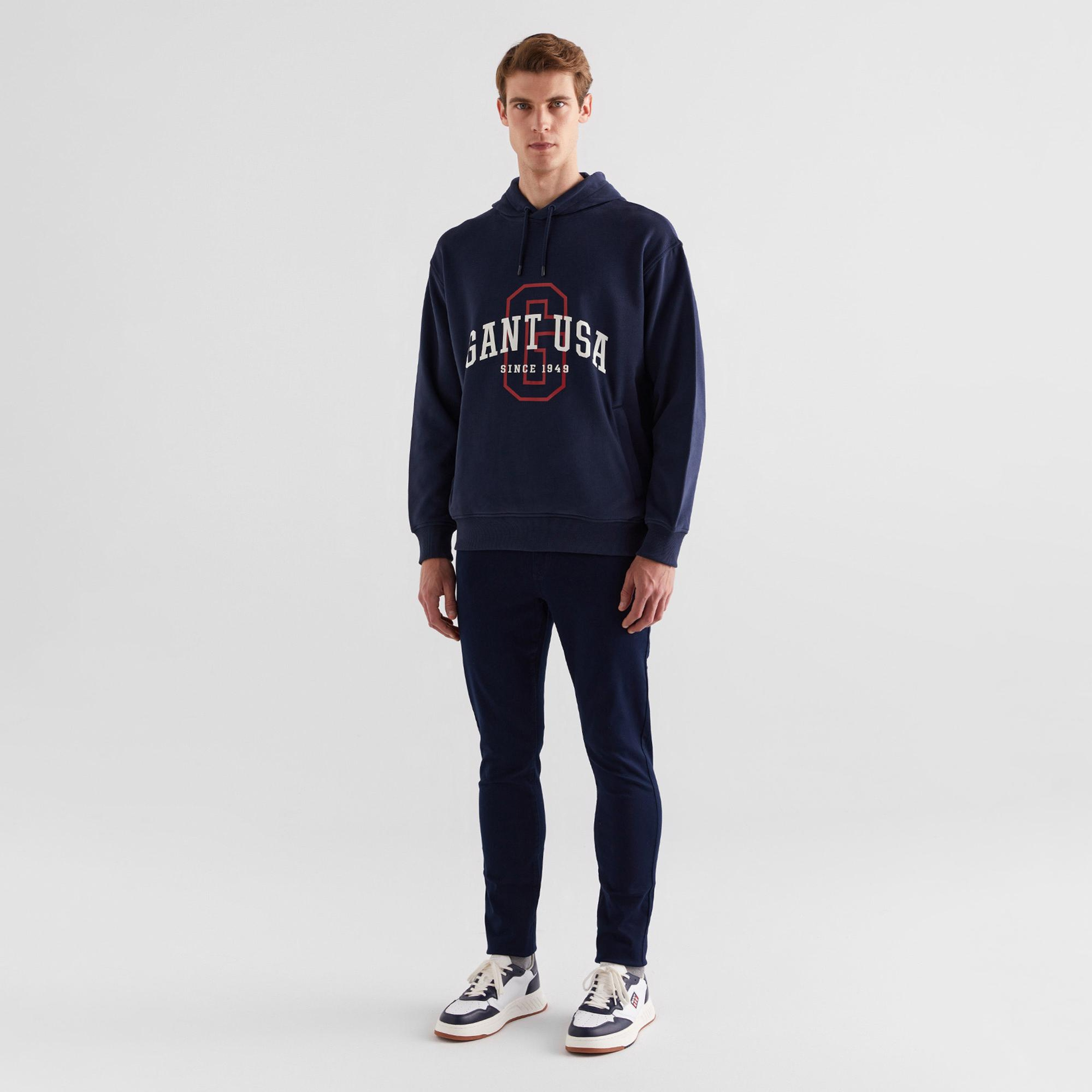 GANT Erkek Lacivert Relaxed Fit Kapüşonlu Logolu Sweatshirt