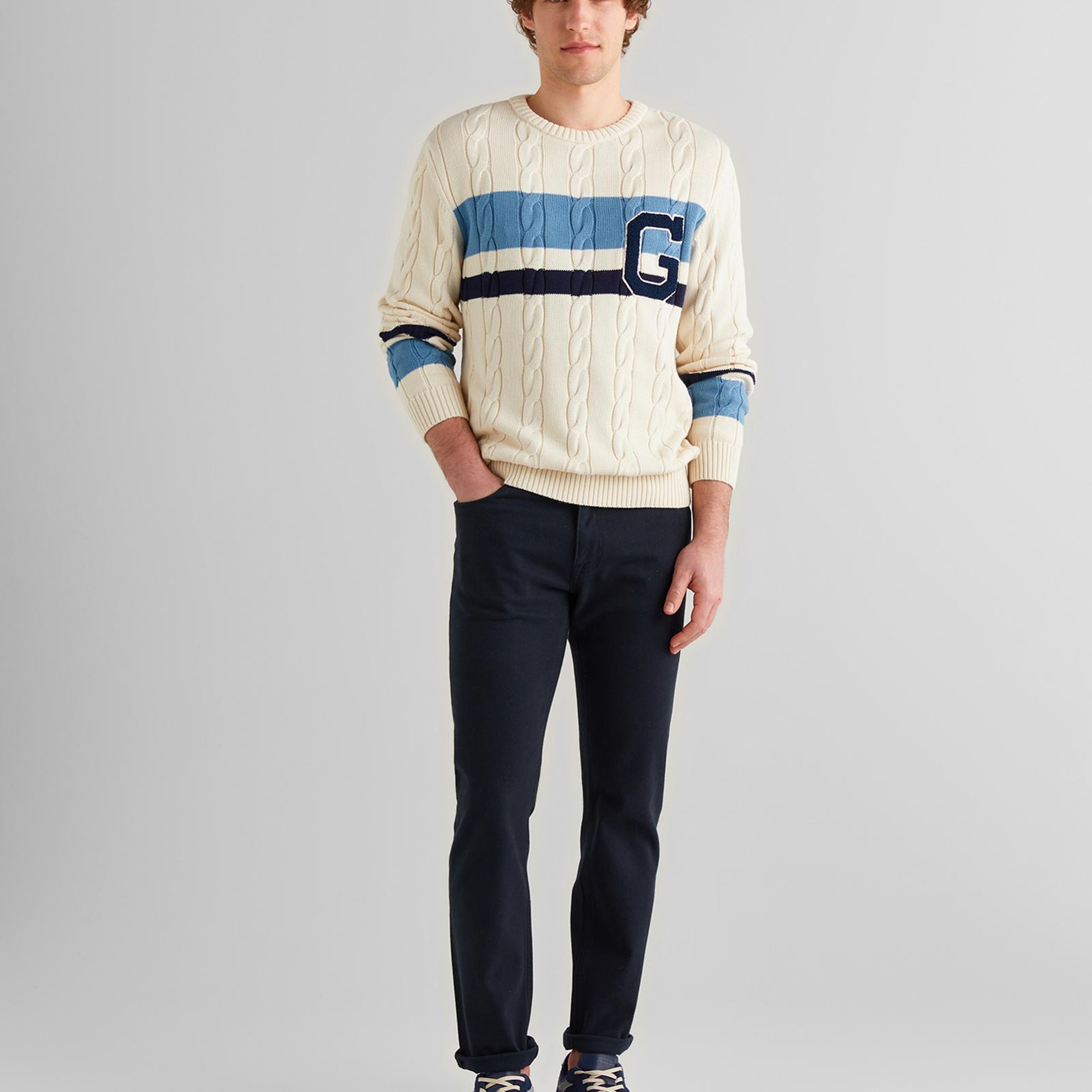 GANT Erkek Krem Relaxed Fit Bisiklet Yaka Renk Bloklu Örgü Kazak