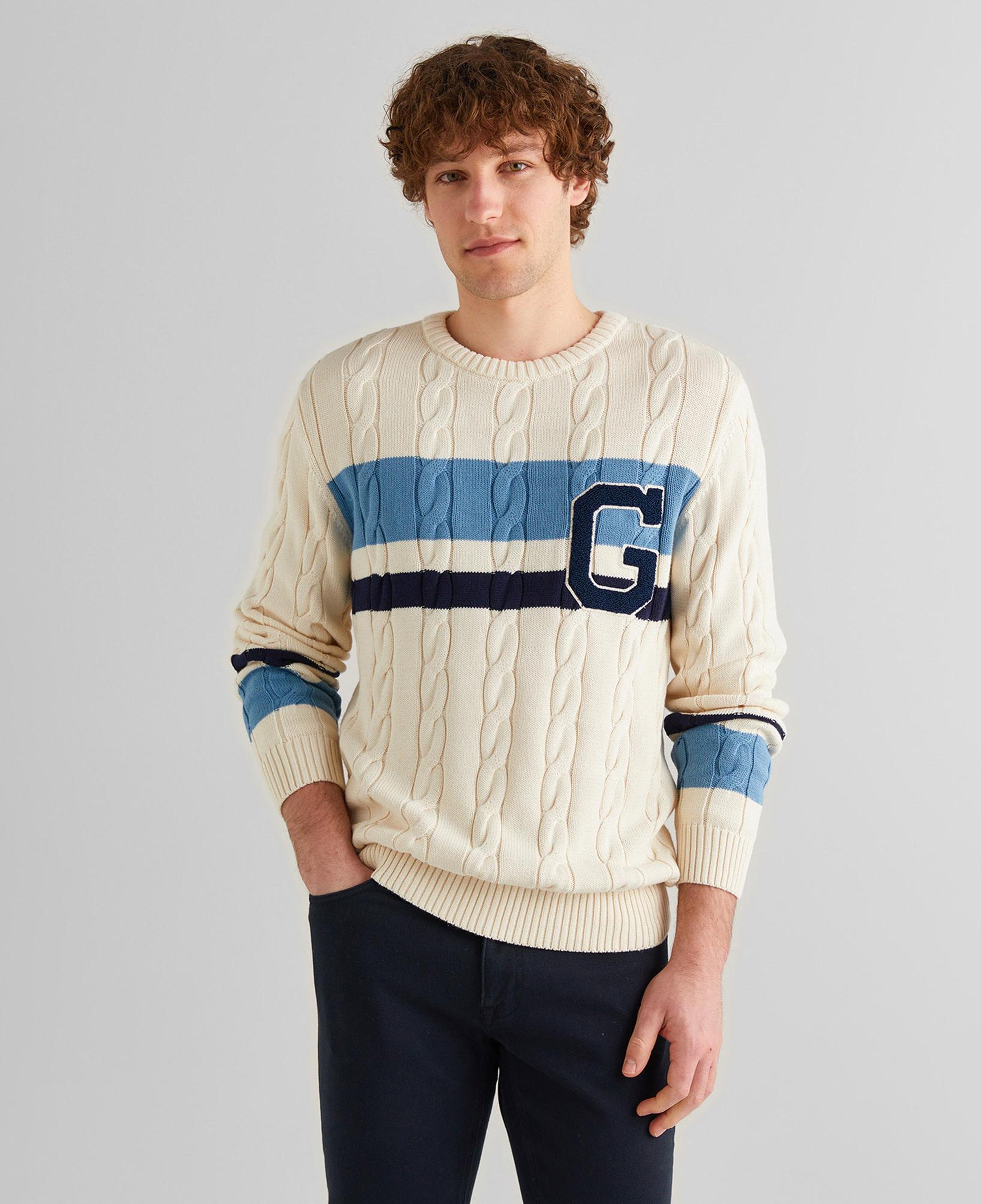 GANT Erkek Krem Relaxed Fit Bisiklet Yaka Renk Bloklu Örgü Kazak