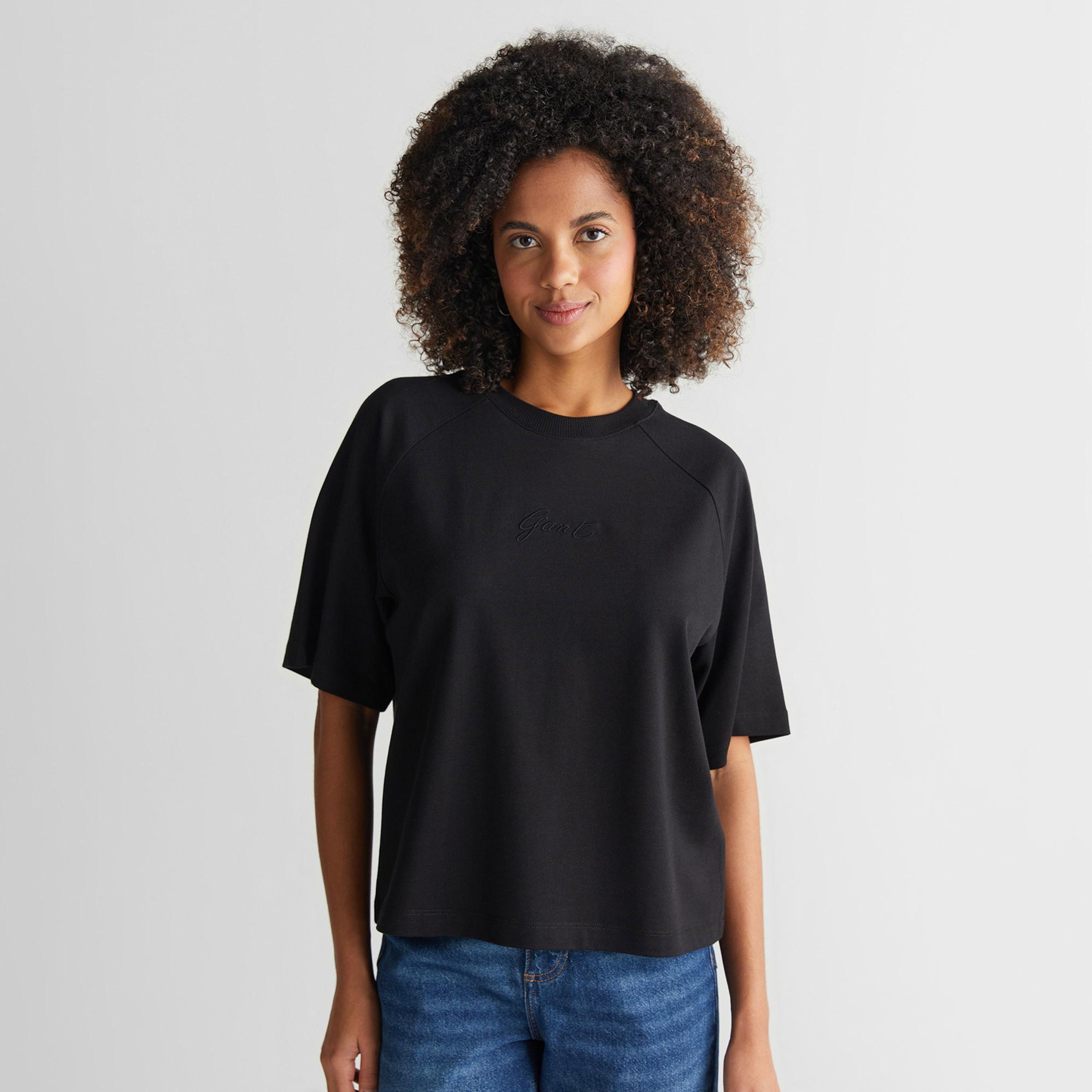 GANT Kadın Siyah Bisiklet Yaka Logolu T-Shirt