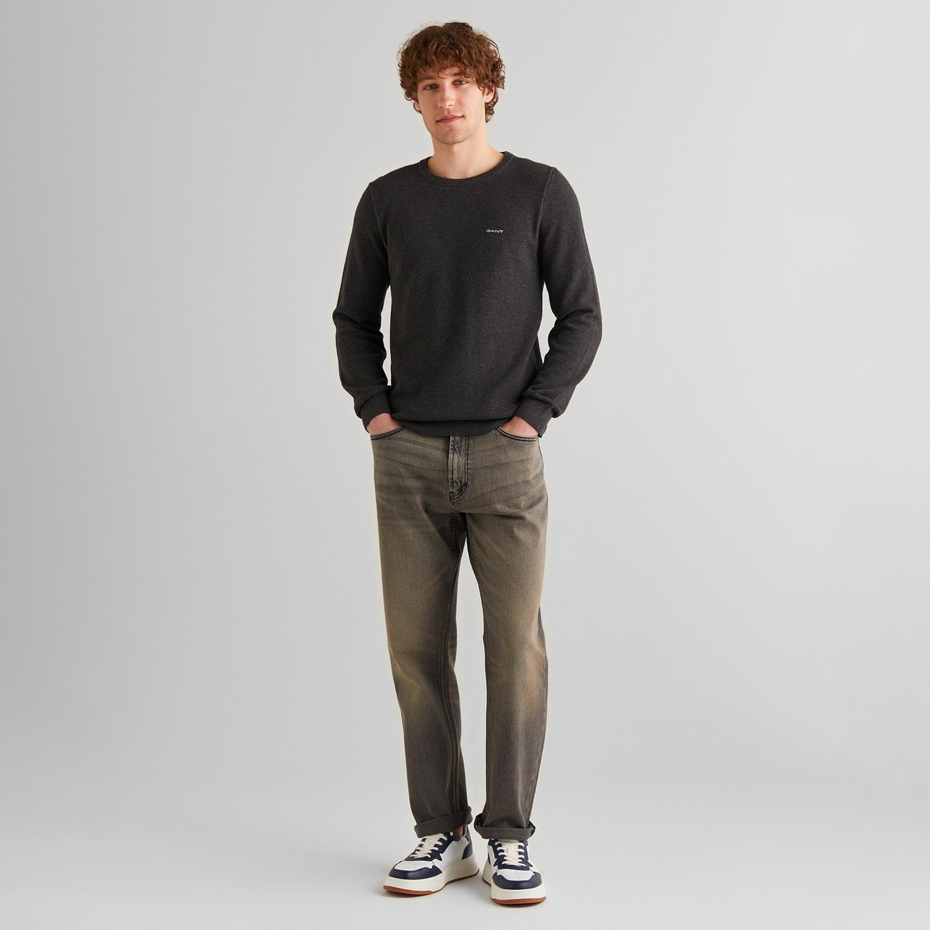 GANT Erkek Gri Regular Fit Bisiklet Yaka Kazak