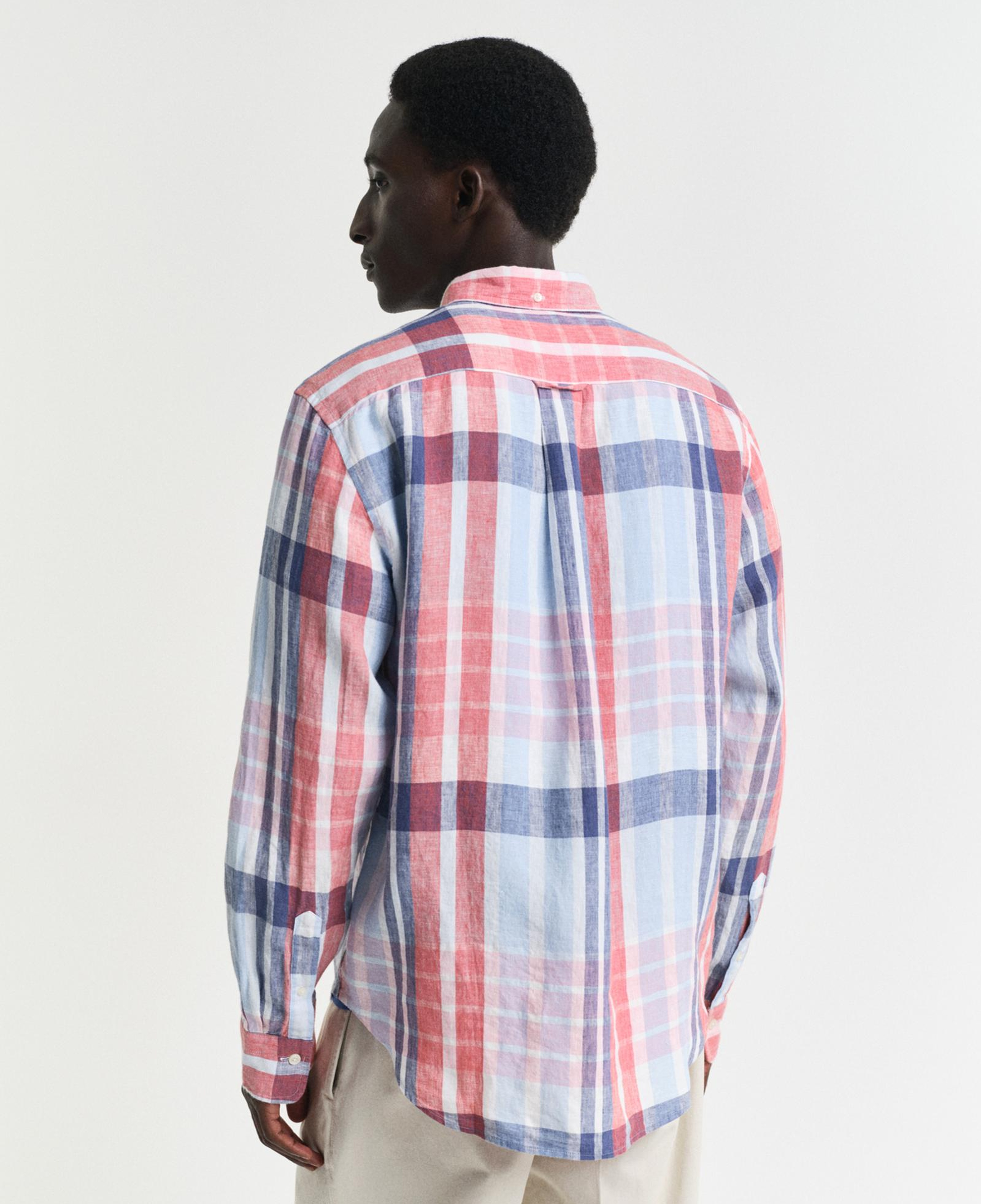 GANT Erkek Kırmızı Regular Fit Düğmeli Yaka Kareli Keten Gömlek