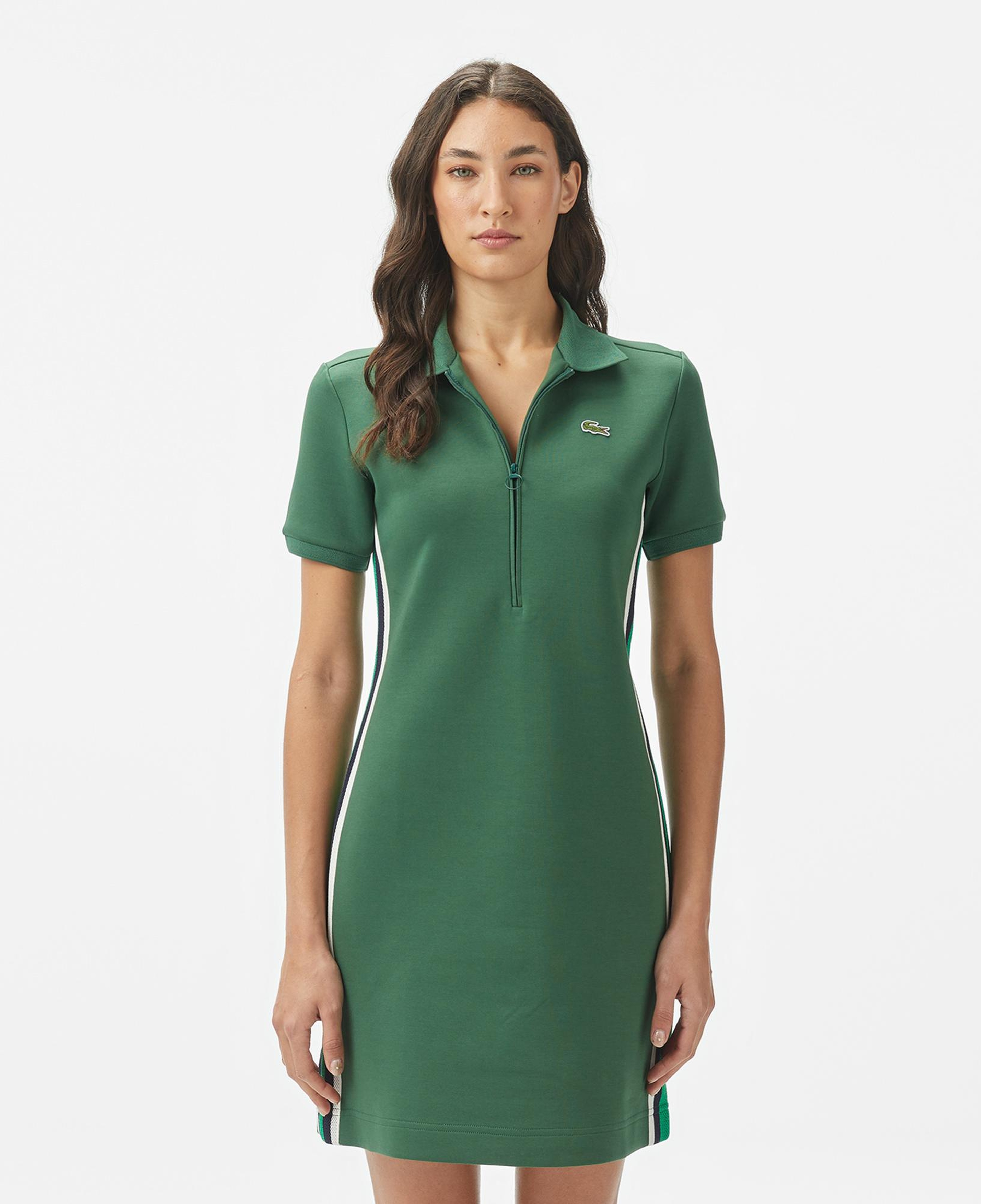 Lacoste Kadın Classic Fit Kısa Kollu Yarım Fermuarlı Renk Bloklu Koyu Yeşil Elbise