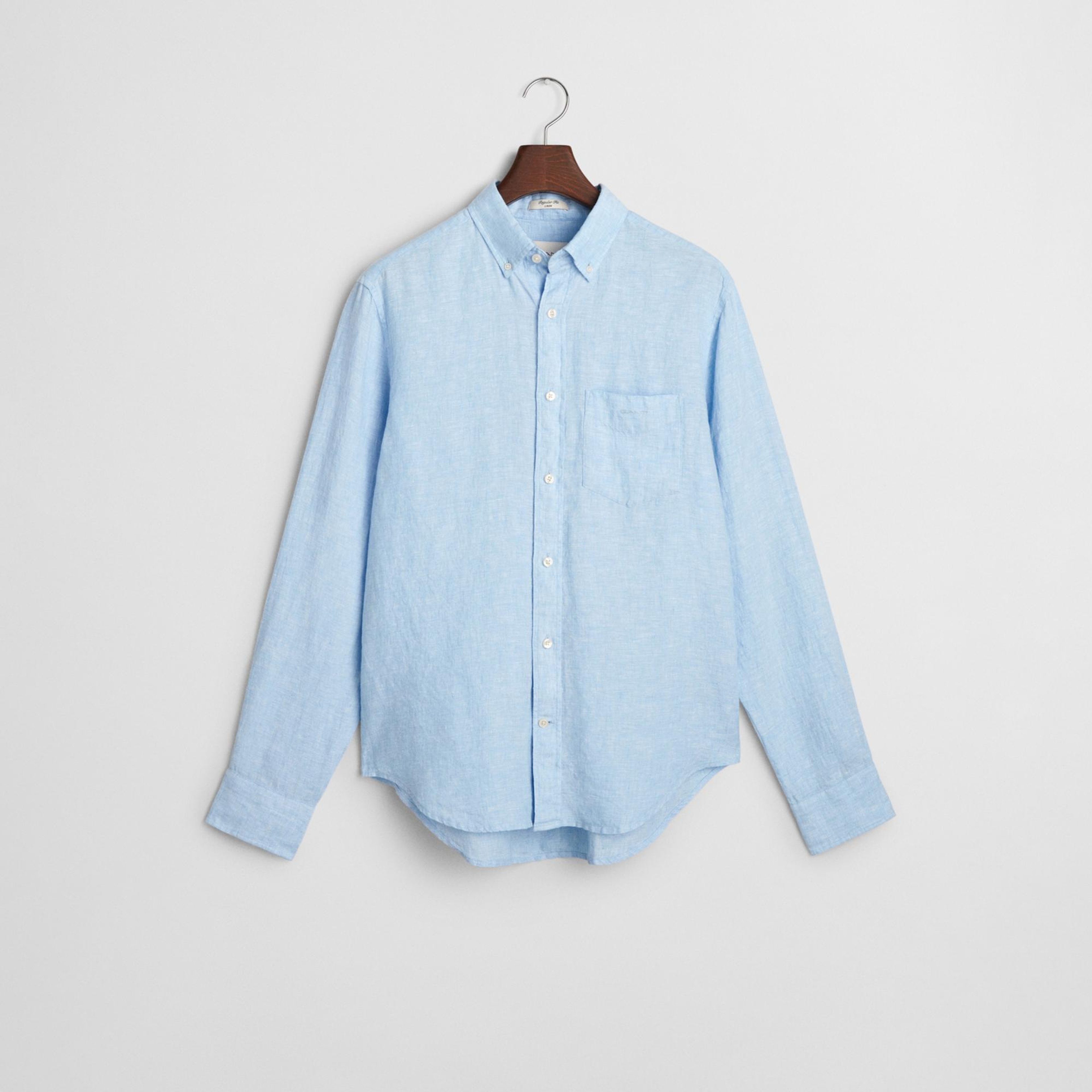 GANT Erkek Mavi Regular Fit Düğmeli Yaka Keten Gömlek