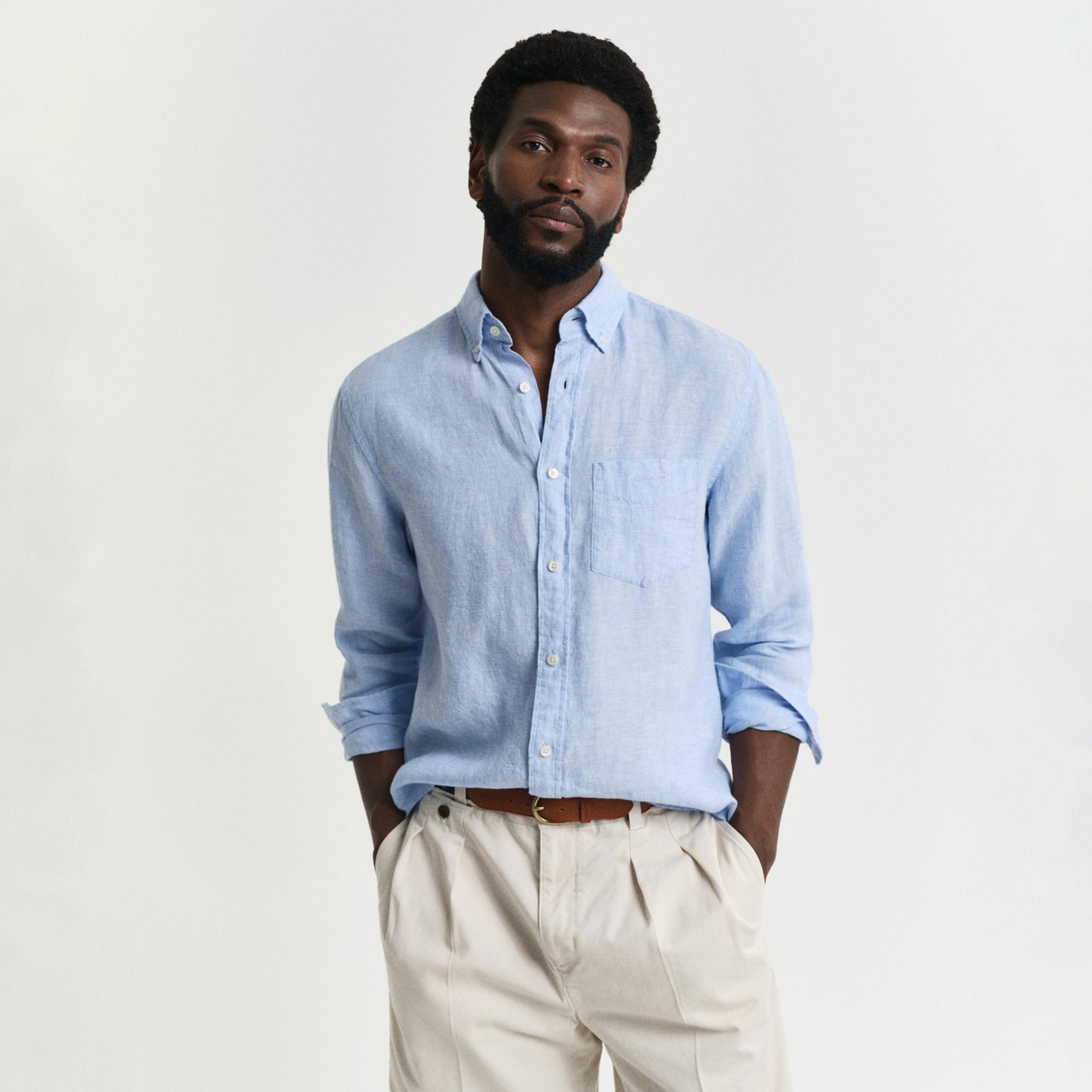 GANT Erkek Mavi Regular Fit Düğmeli Yaka Keten Gömlek