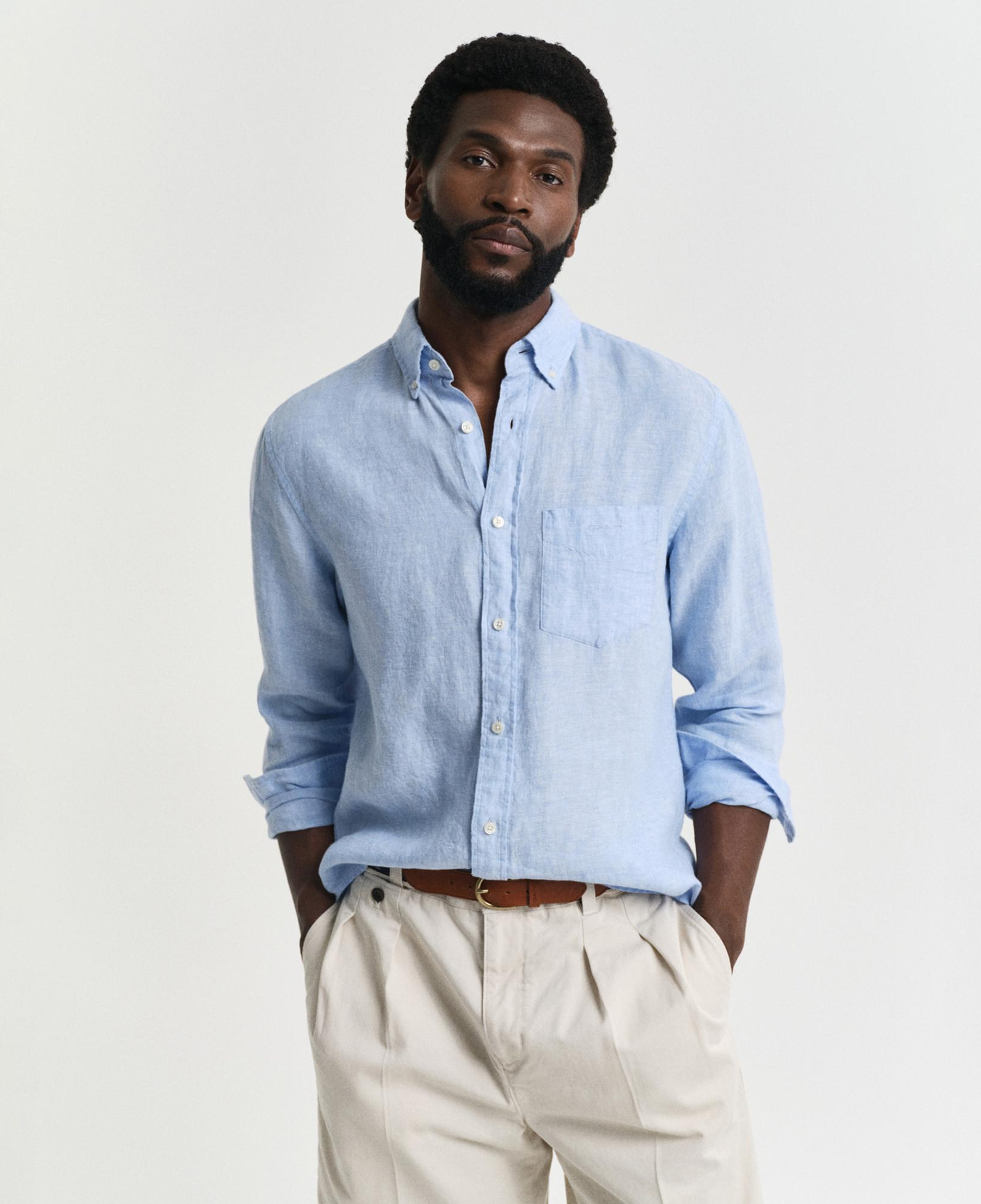 GANT Erkek Mavi Regular Fit Düğmeli Yaka Keten Gömlek