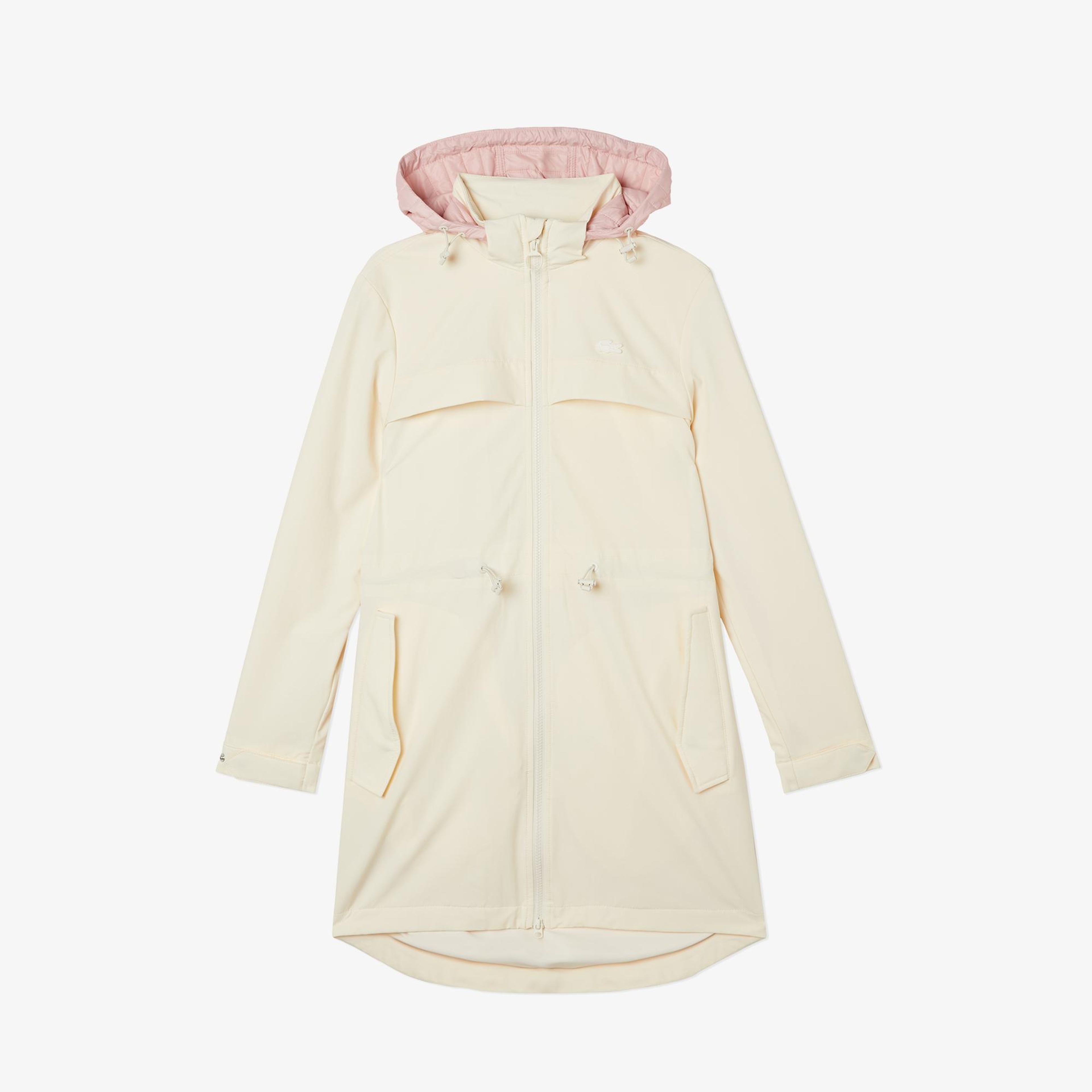 Kadın Kapüşonlu Baskılı Beyaz Mont