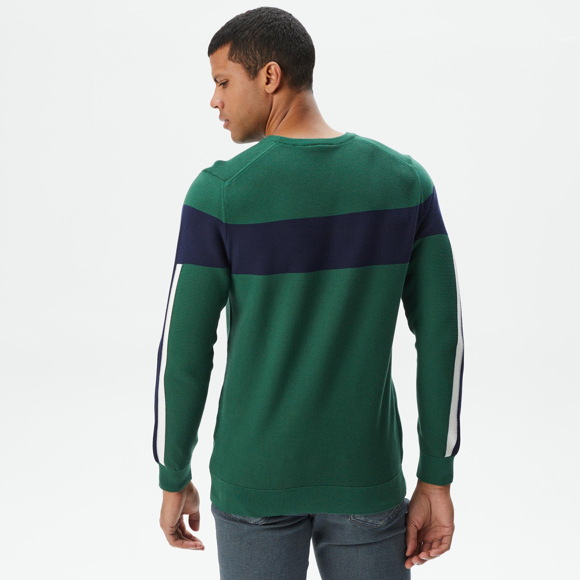 Erkek Regular Fit Bisiklet Yaka Renk Bloklu Yeşil Kazak