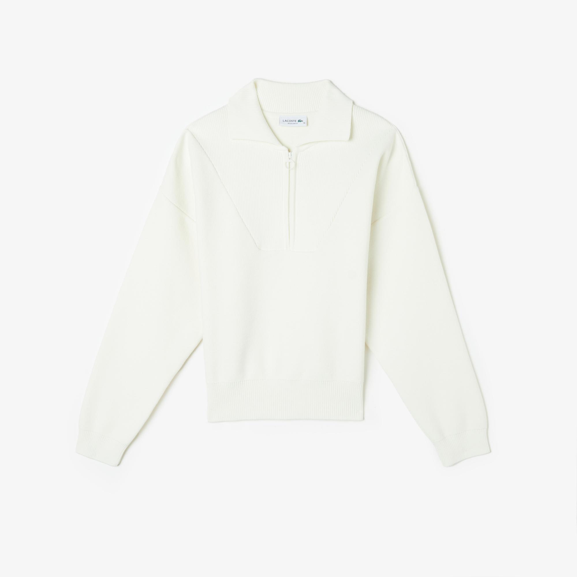 Kadın Crop Fermuarlı Beyaz Triko