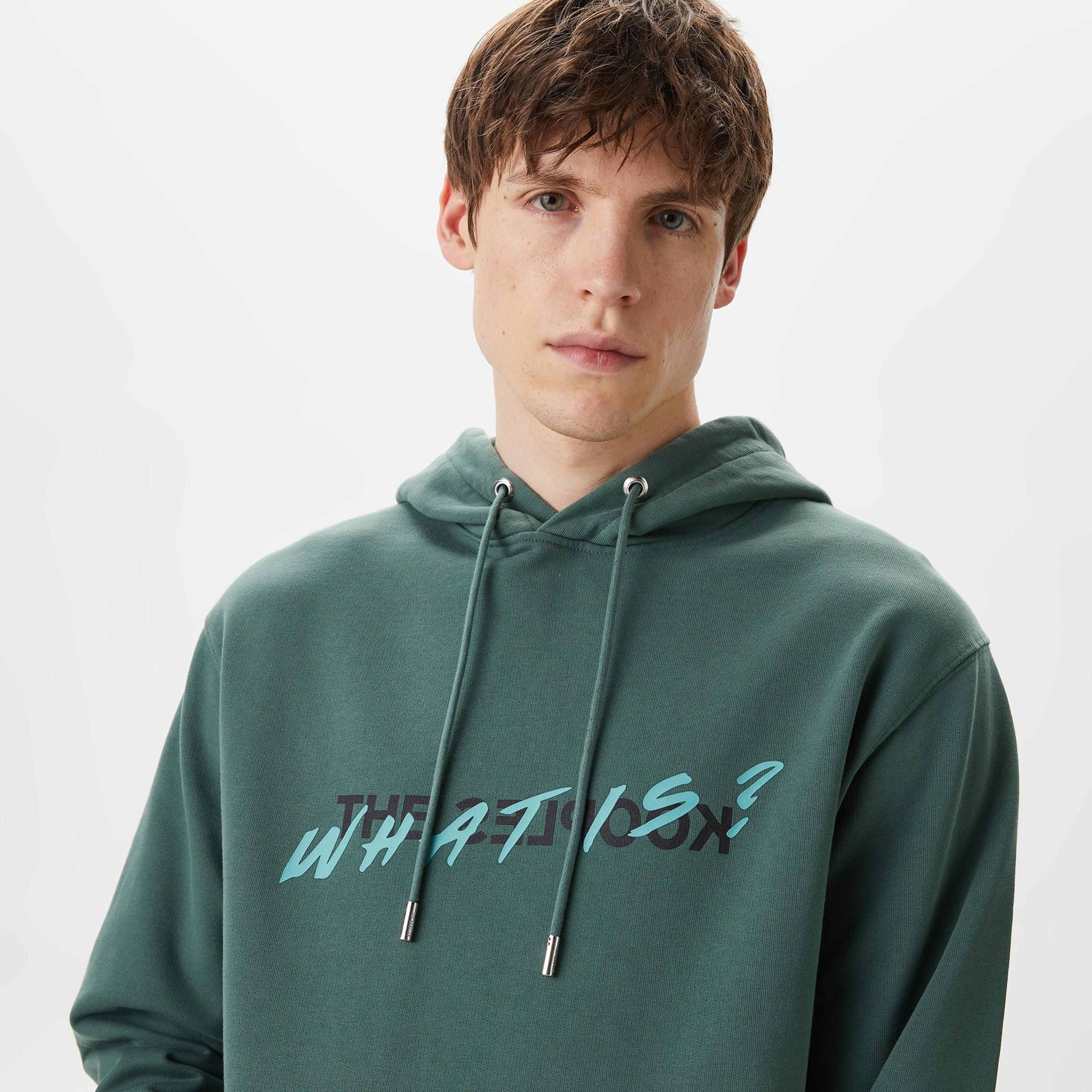 ERKEK BASKILI KAPÜŞONLU YEŞİL SWEATSHIRT