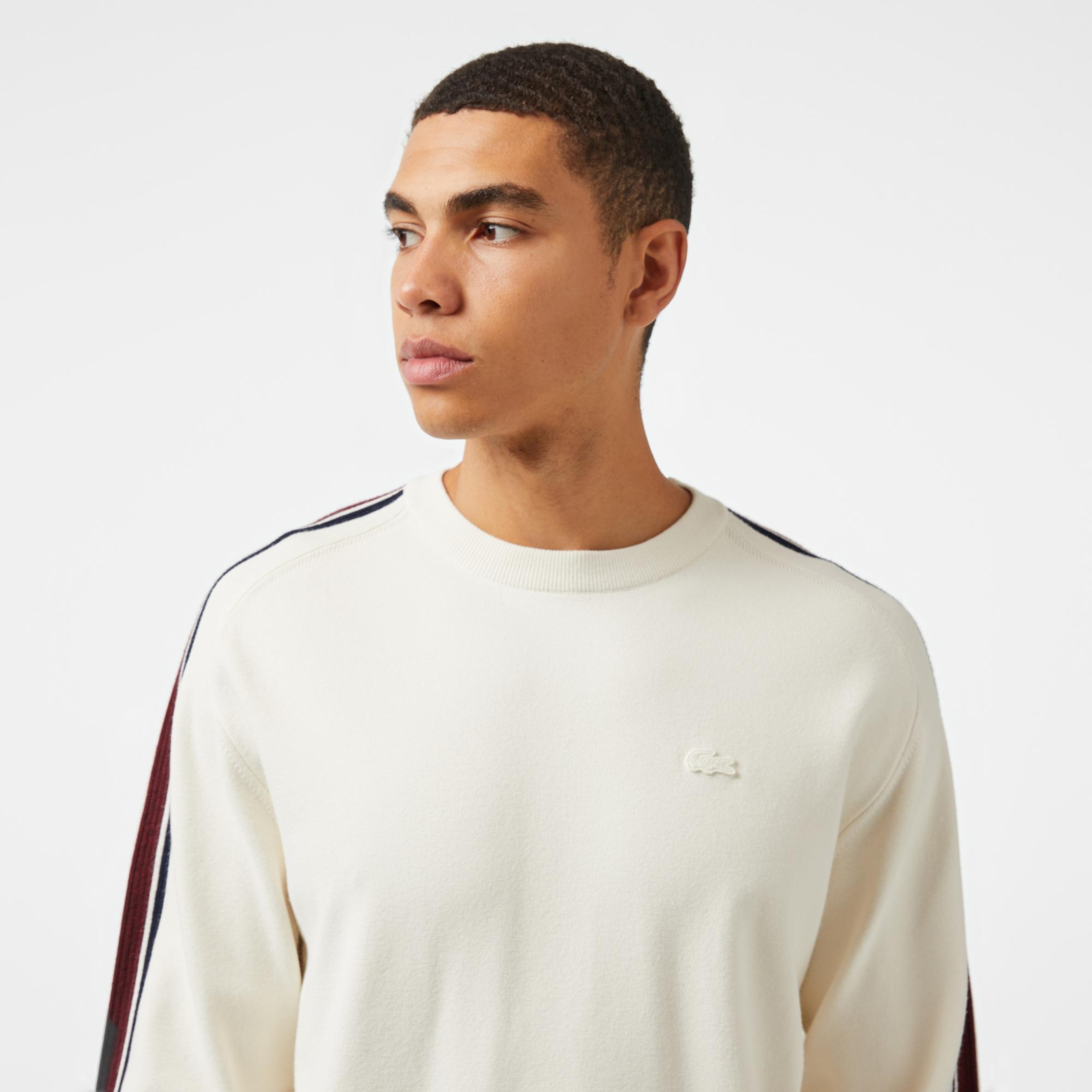 Erkek Relaxed Fit Bisiklet Yaka Beyaz Kazak