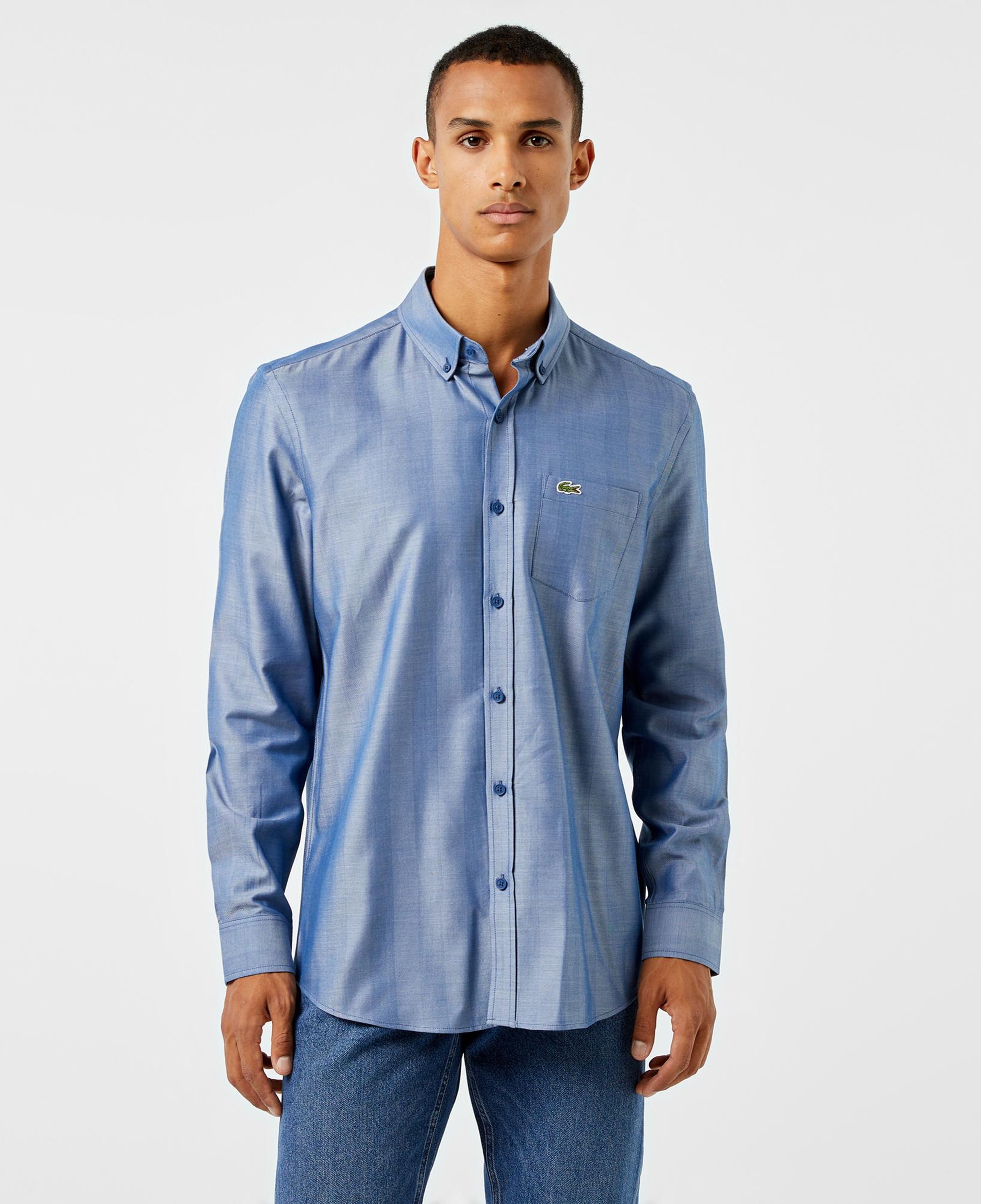 Erkek Slim Fit Düğmeli Yaka Koyu Mavi Gömlek