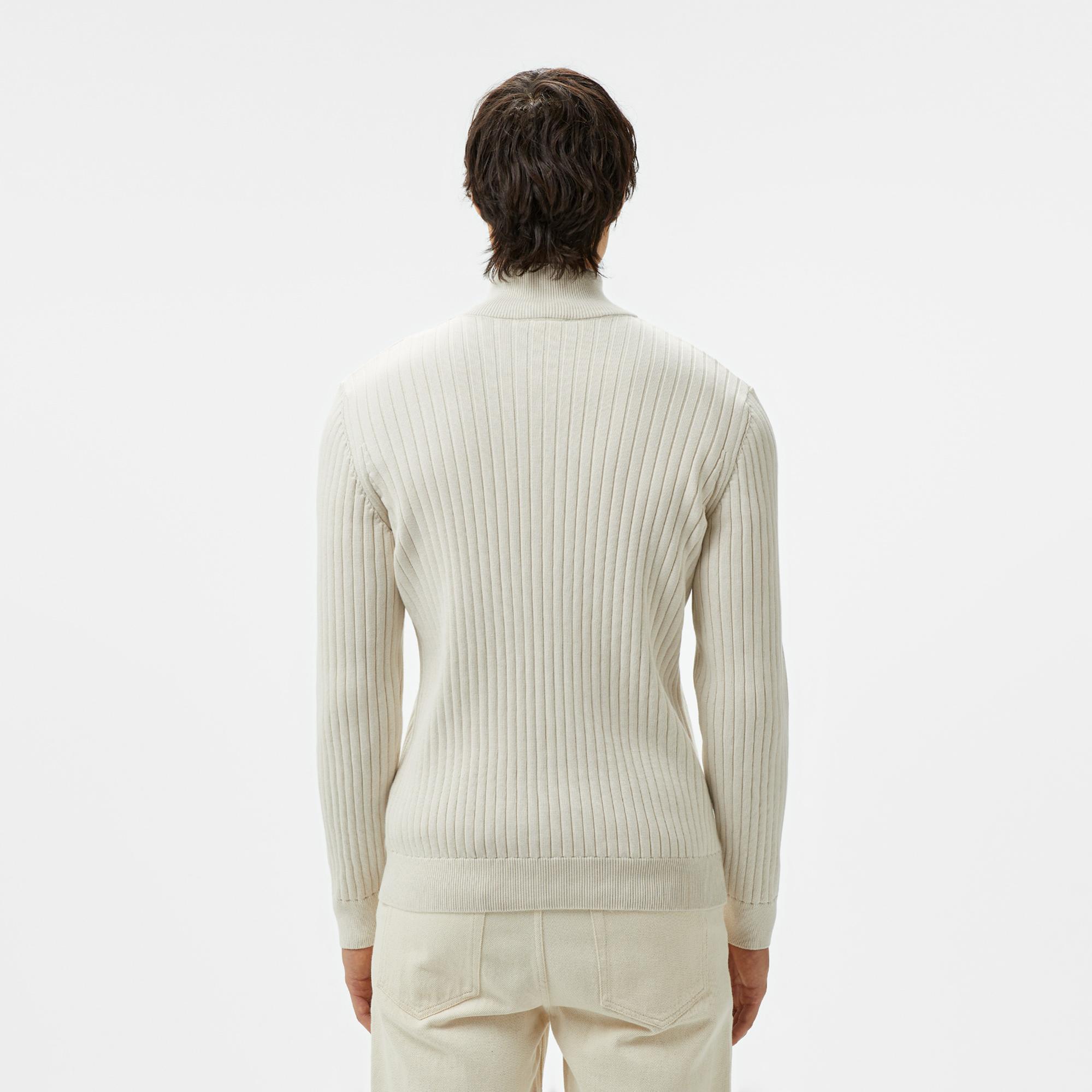 Erkek Relaxed Fit Yarım Fermuarlı Çizgili Krem Triko