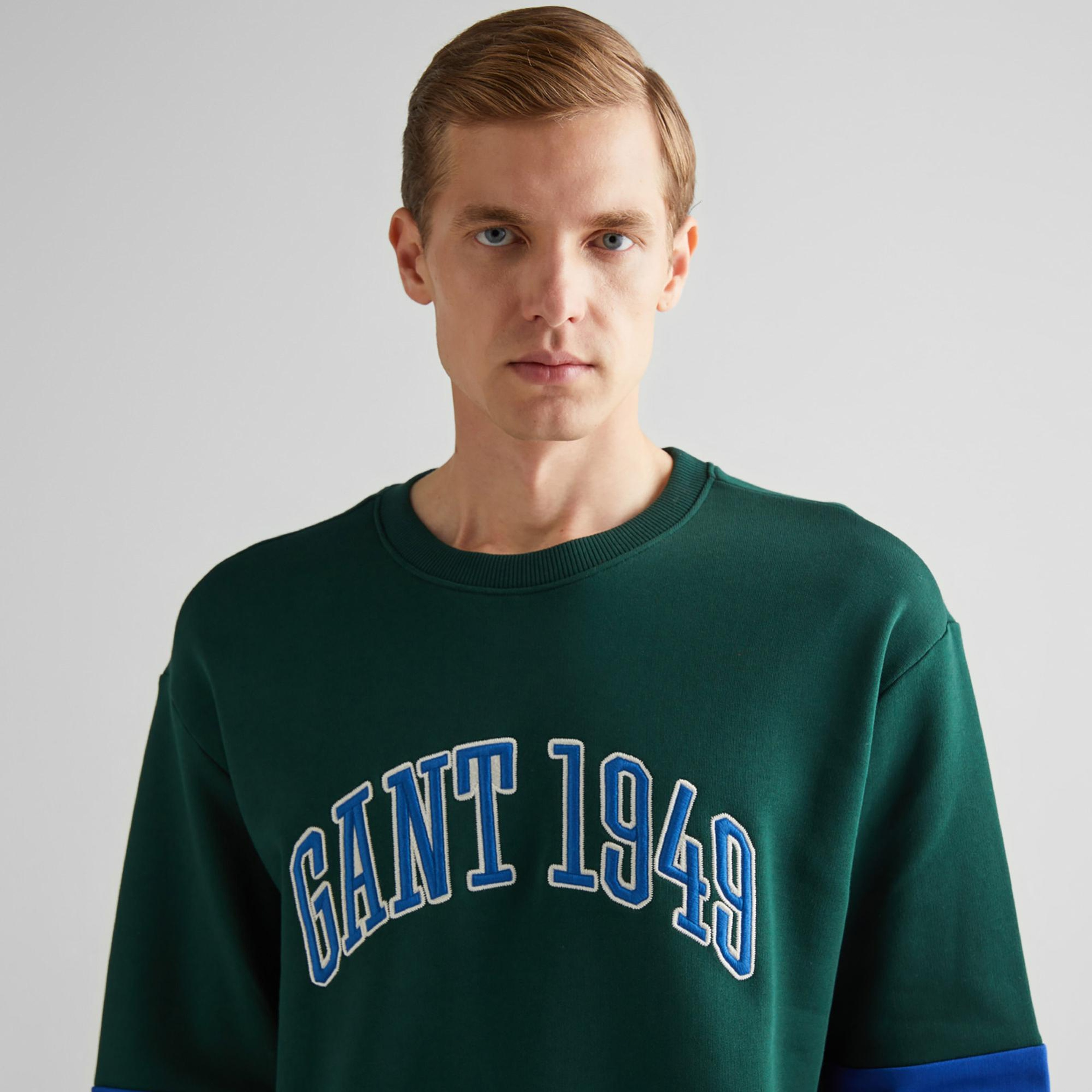GANT Erkek Yeşil Relaxed Fit Bisiklet Yaka Renk Bloklu Sweatshirt