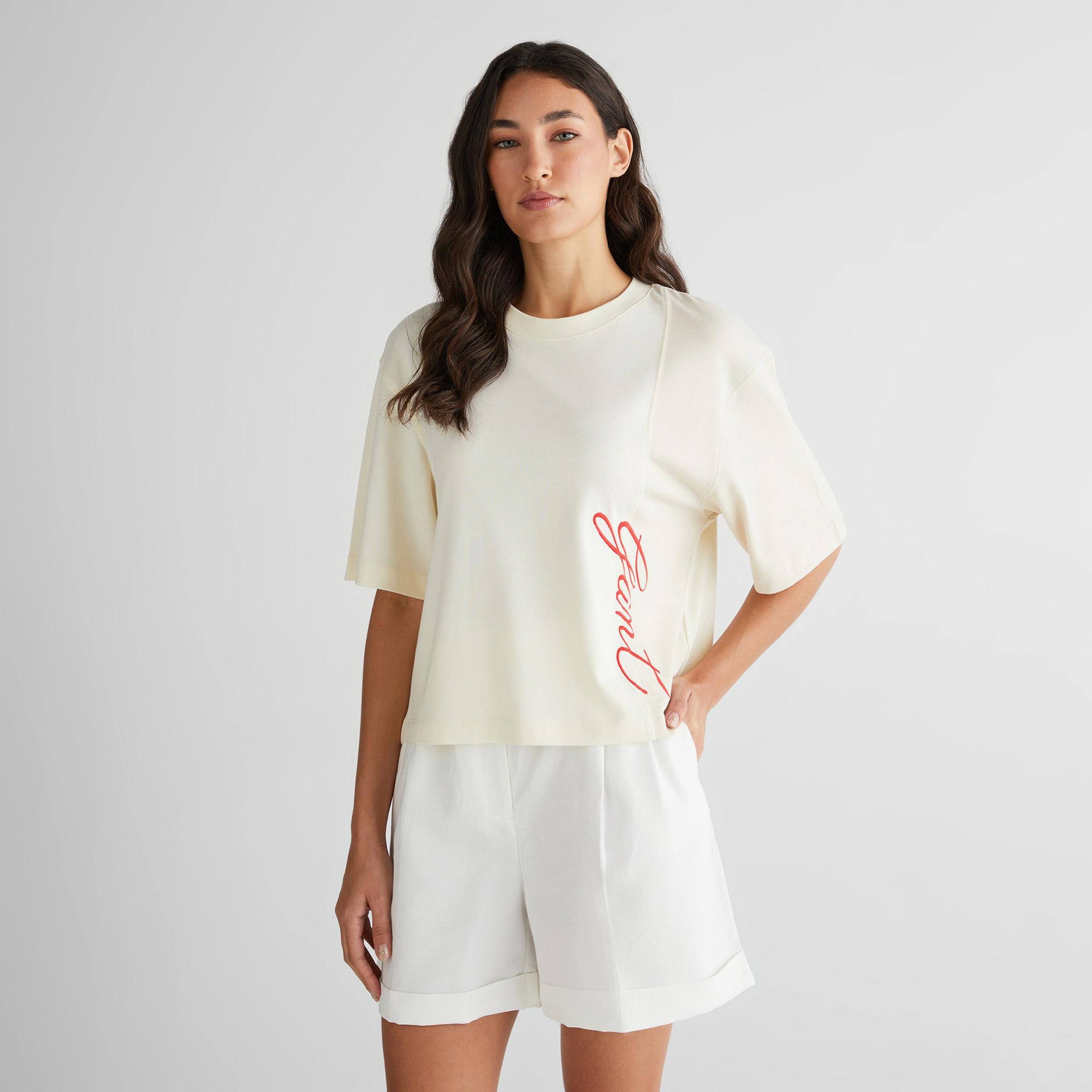 GANT Kadın Beyaz Bisiklet Yaka Renk Bloklu T-Shirt