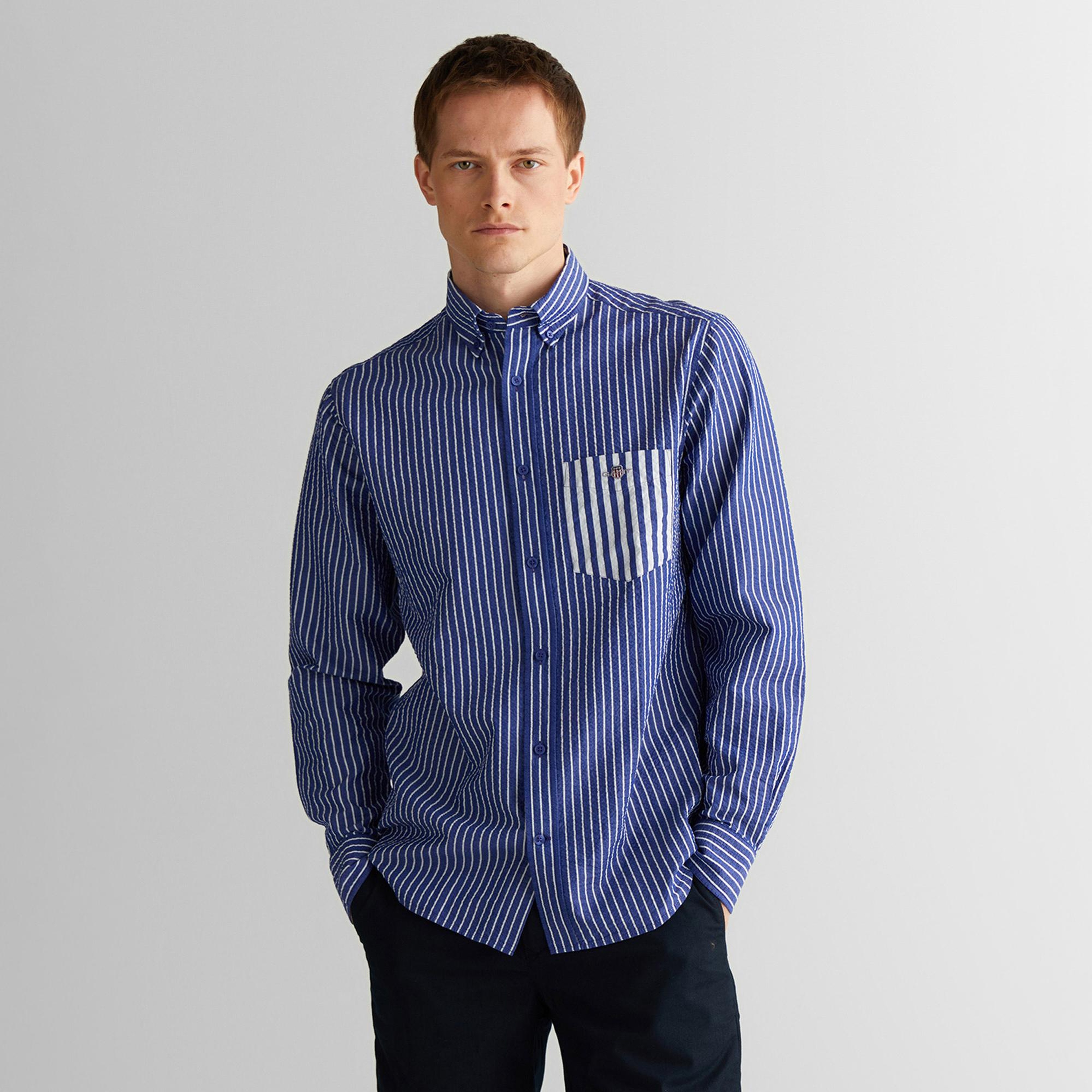 GANT Erkek Lacivert Düğmeli Yaka Çizgili Gömlek