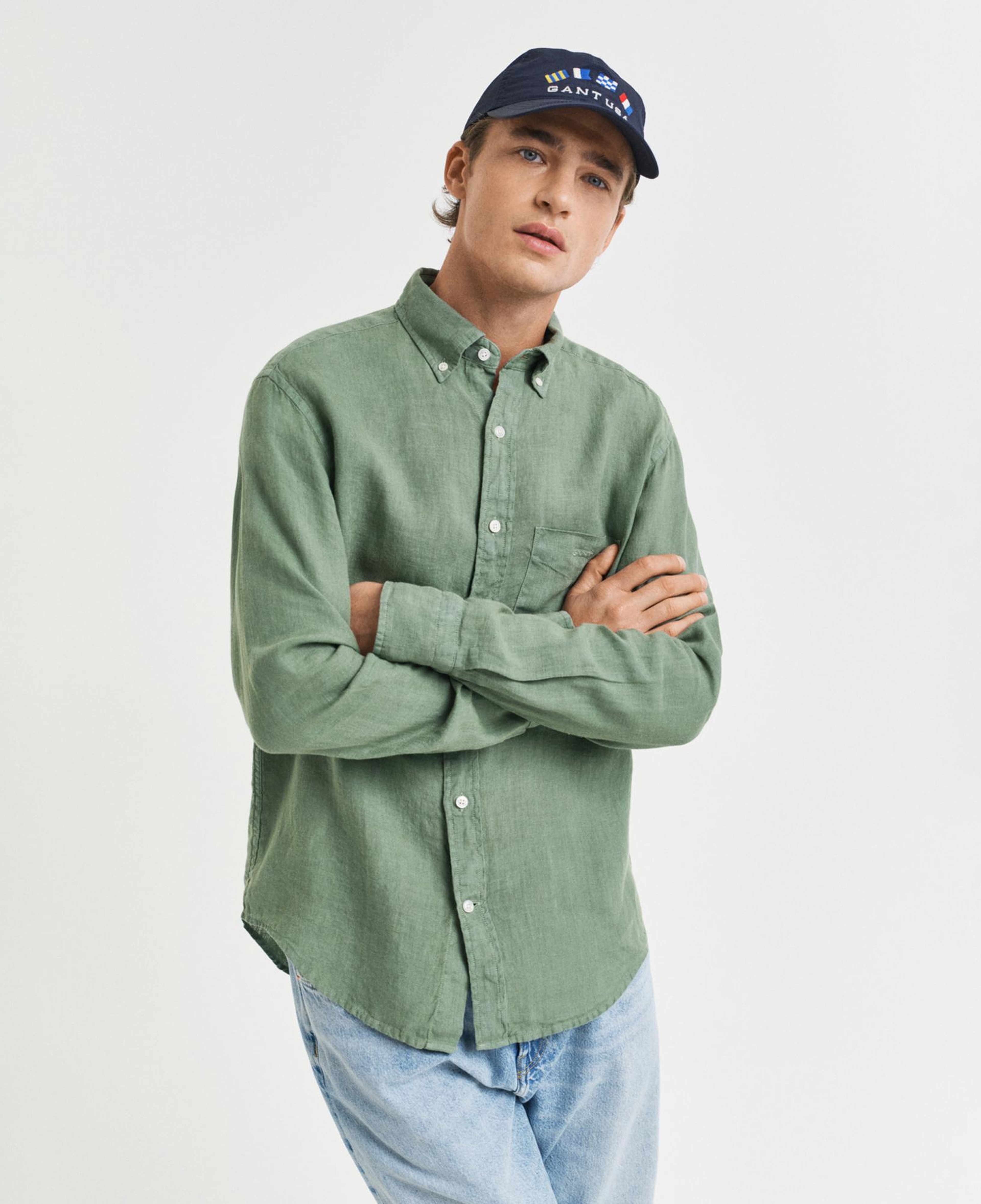 GANT Erkek Yeşil Regular Fit Düğmeli Yaka Keten Gömlek