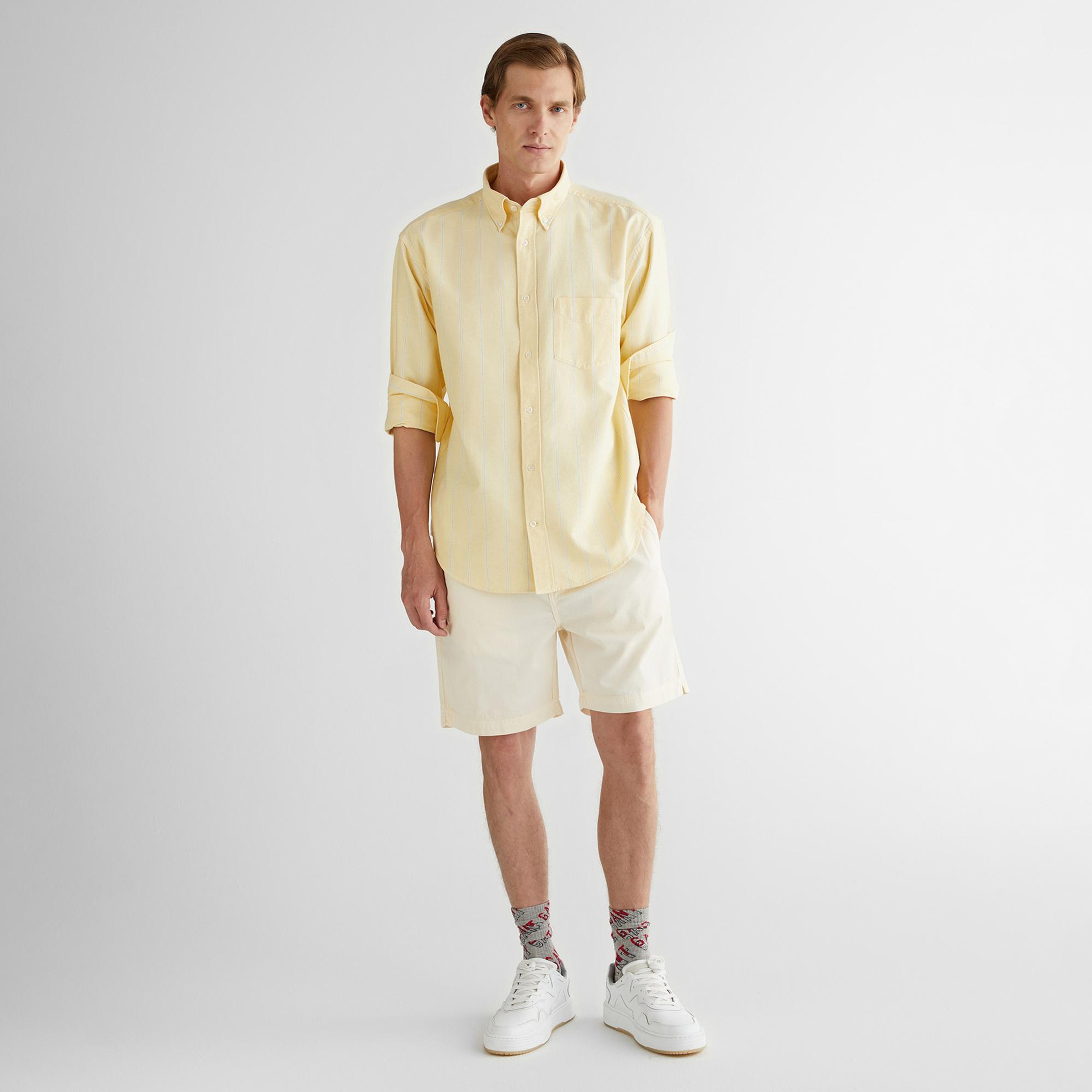 GANT Erkek Sarı Relaxed Fit Düğmeli Yaka Çizgili Gömlek