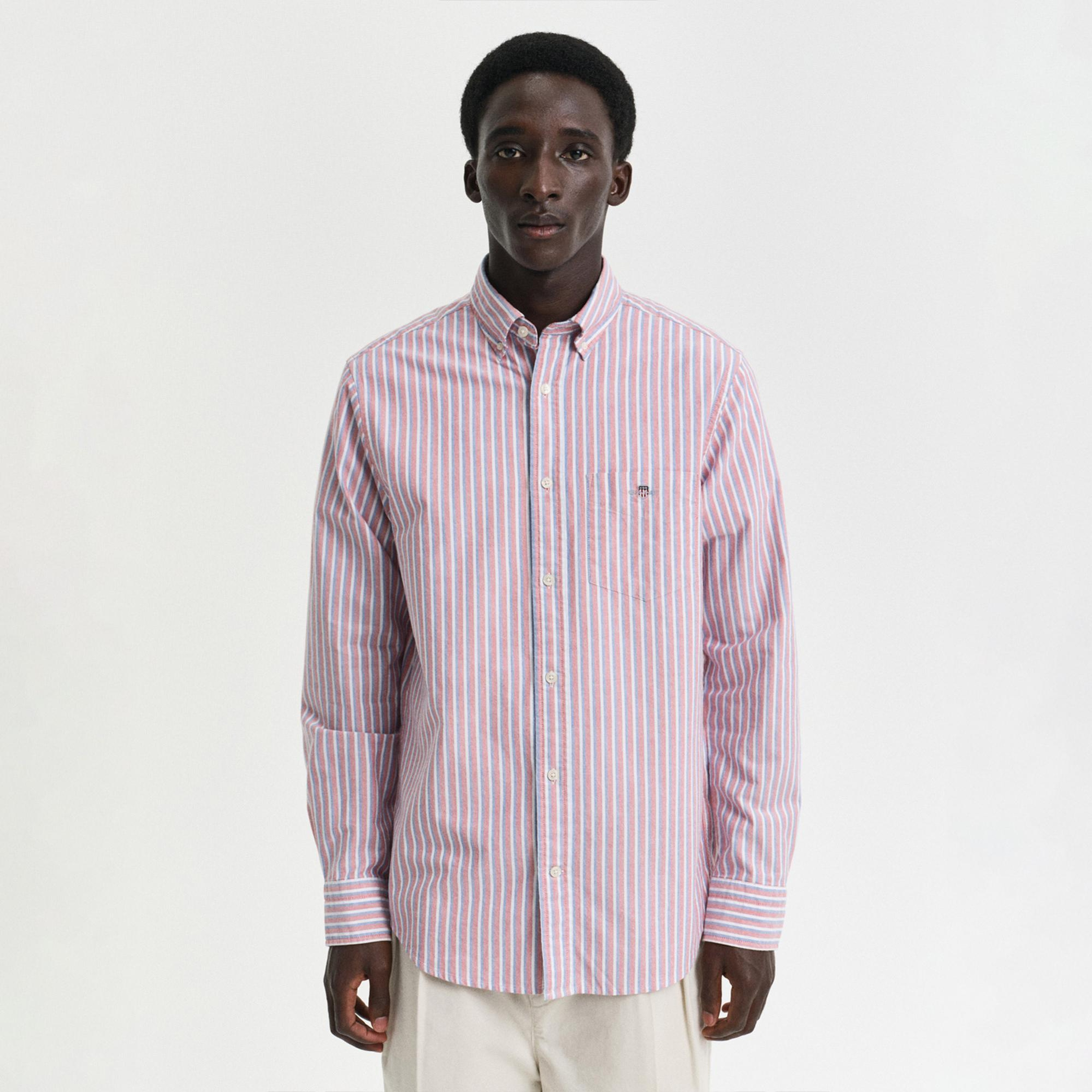 GANT Erkek Kırmızı Regular Fit Düğmeli Yaka Çizgili Gömlek