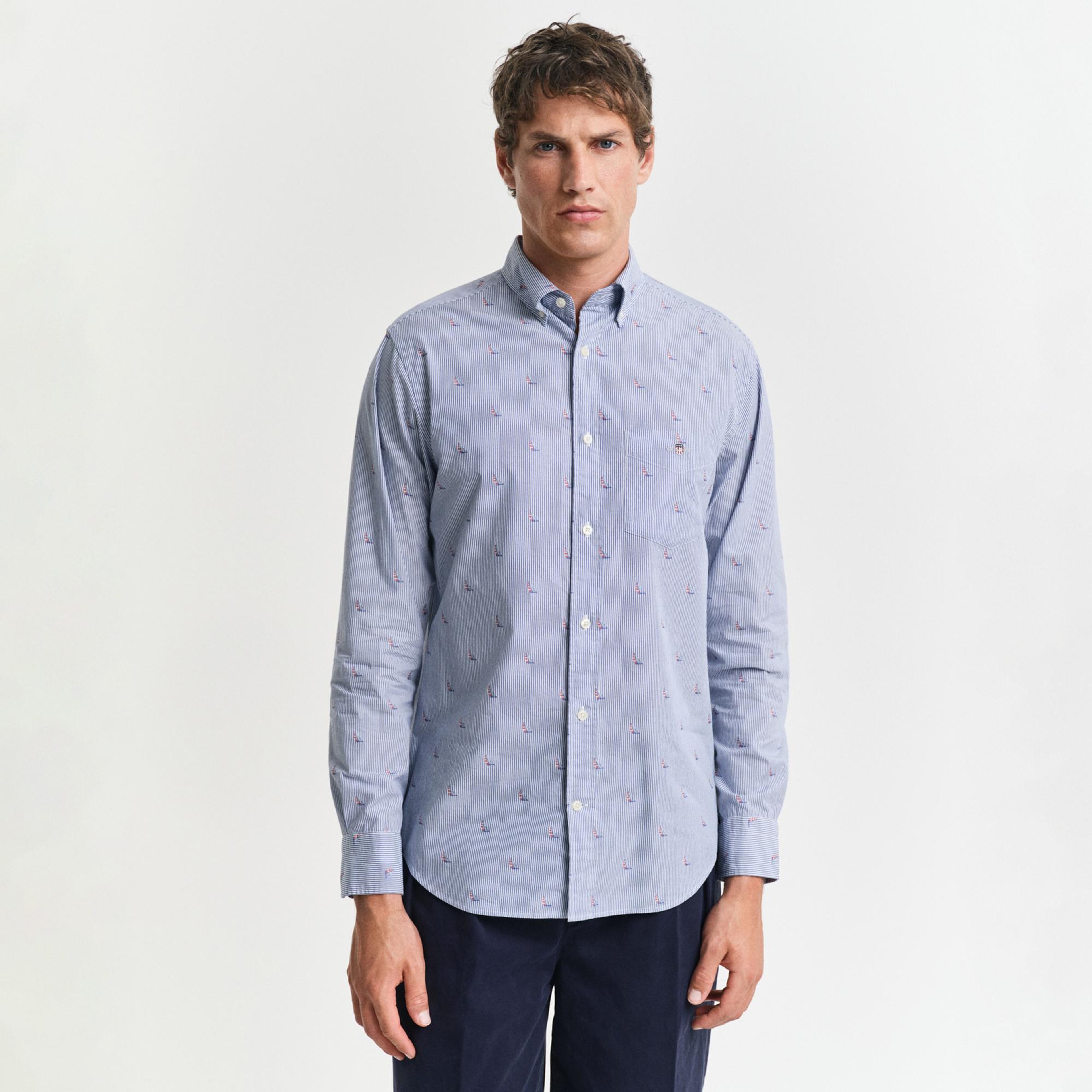 GANT Erkek Mavi Regular Fit Düğmeli Yaka Çizgili Gömlek